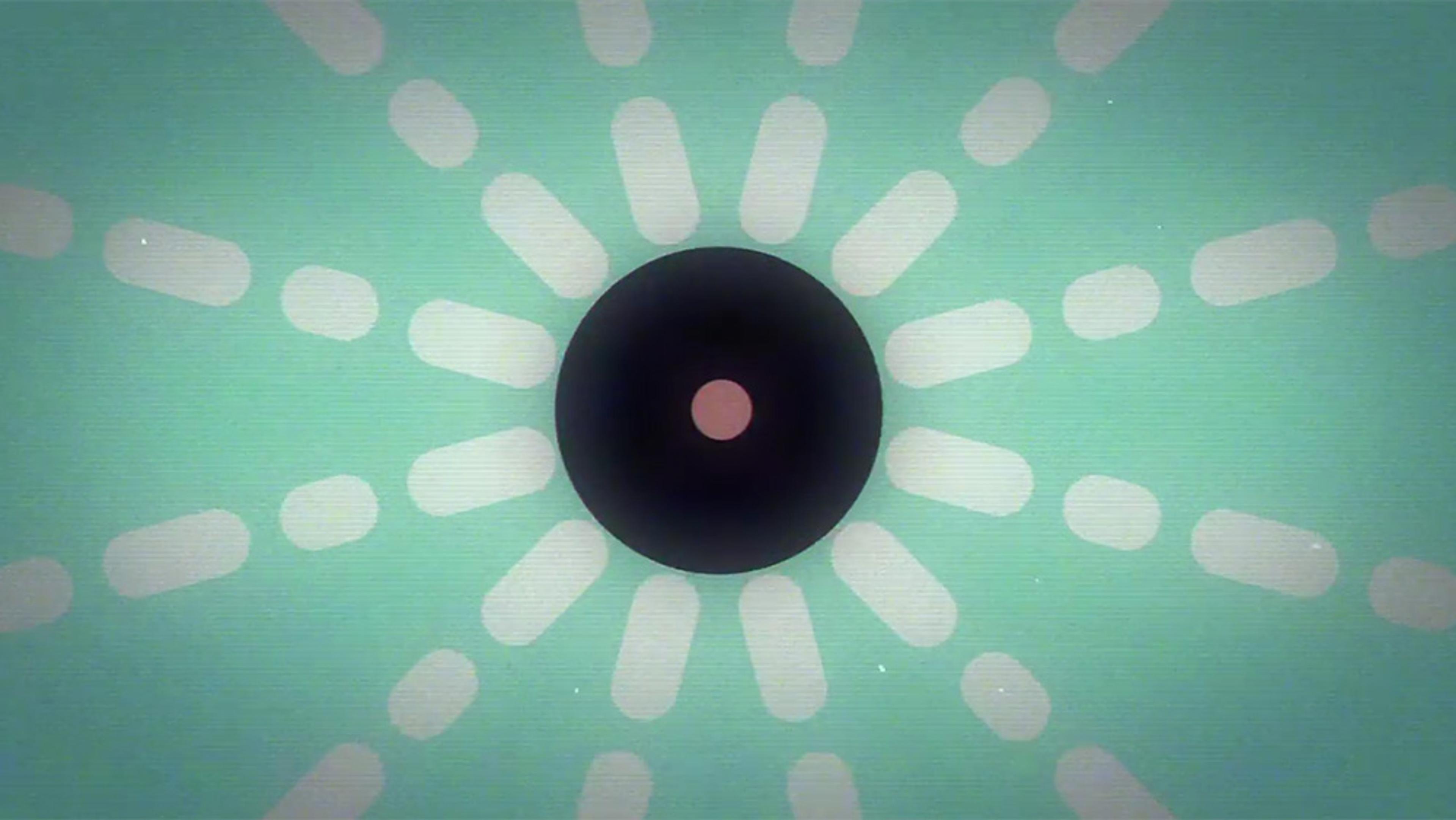 Abstract illustration of a black circle with a pink centre on a teal background with radial white dashes emanating outward.