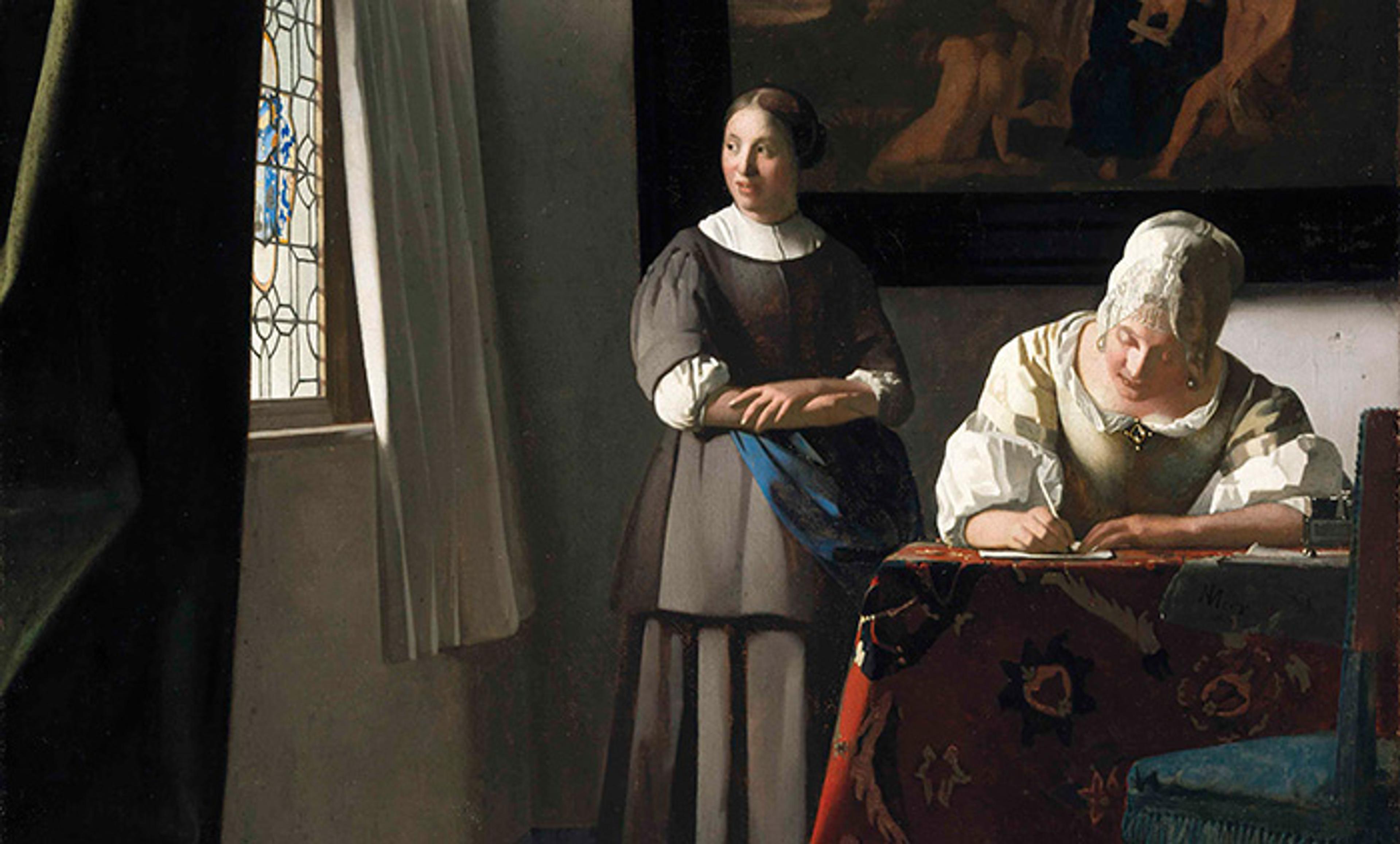 A painting of a woman writing at a table with a second woman standing by a window, both in 17th-century attire.