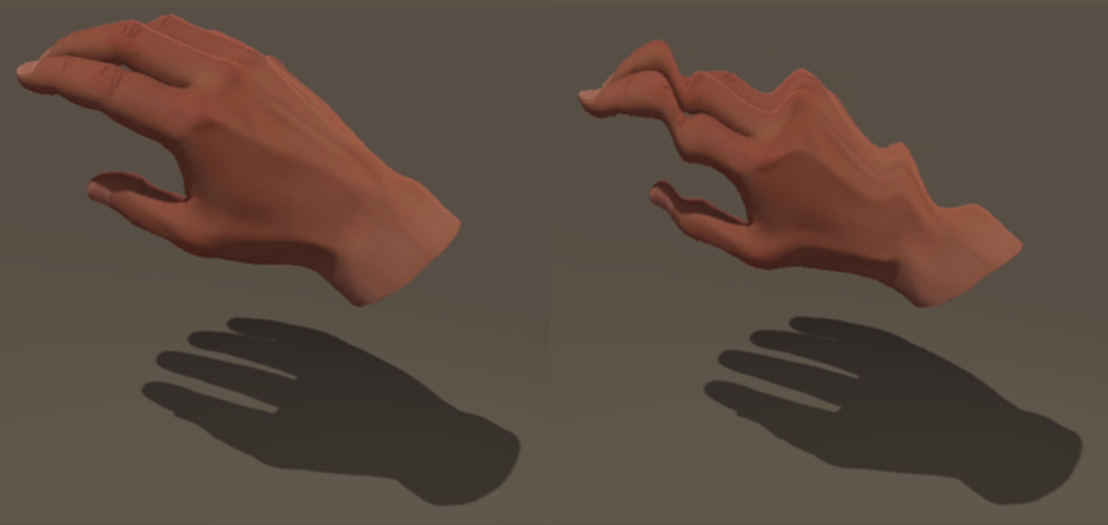 Digital art showing two hands with shadows; the left hand is realistic while the right hand is distorted. Both shadows appear exactly the same.