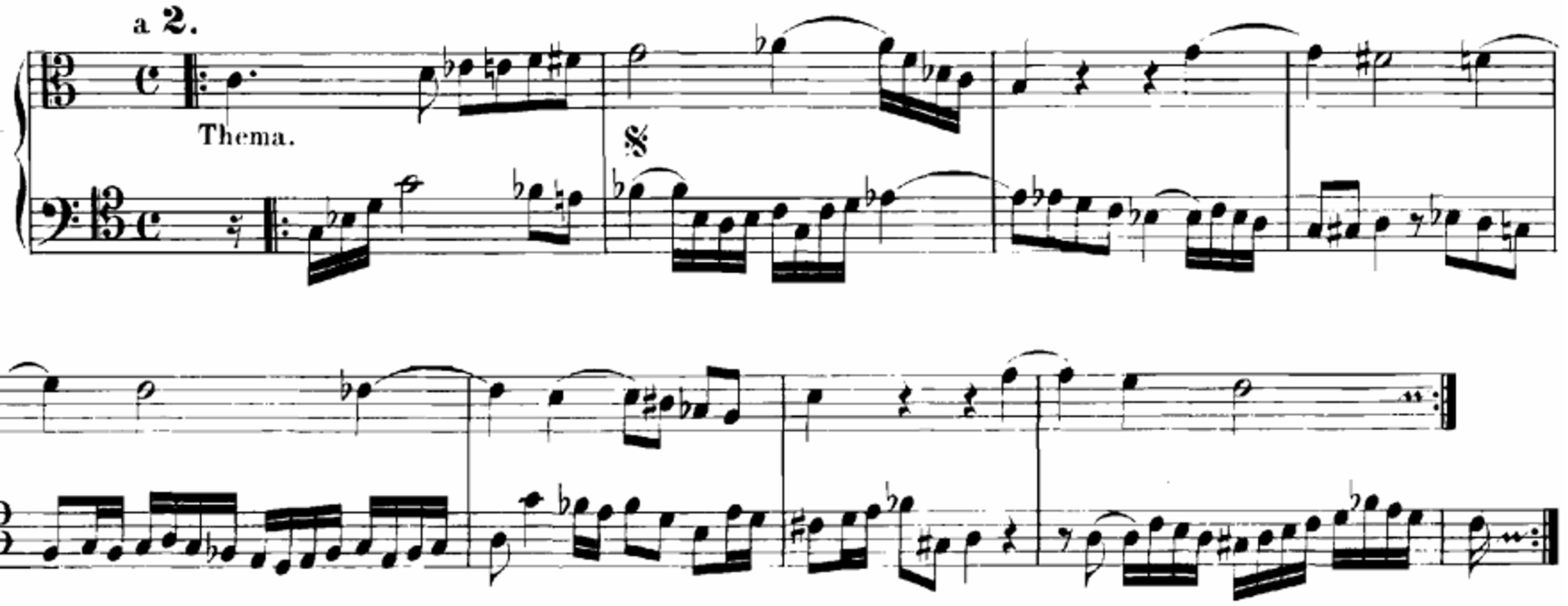 Sheet music showing musical notation in both treble and bass clefs labelled as Thema, black notes on white background.