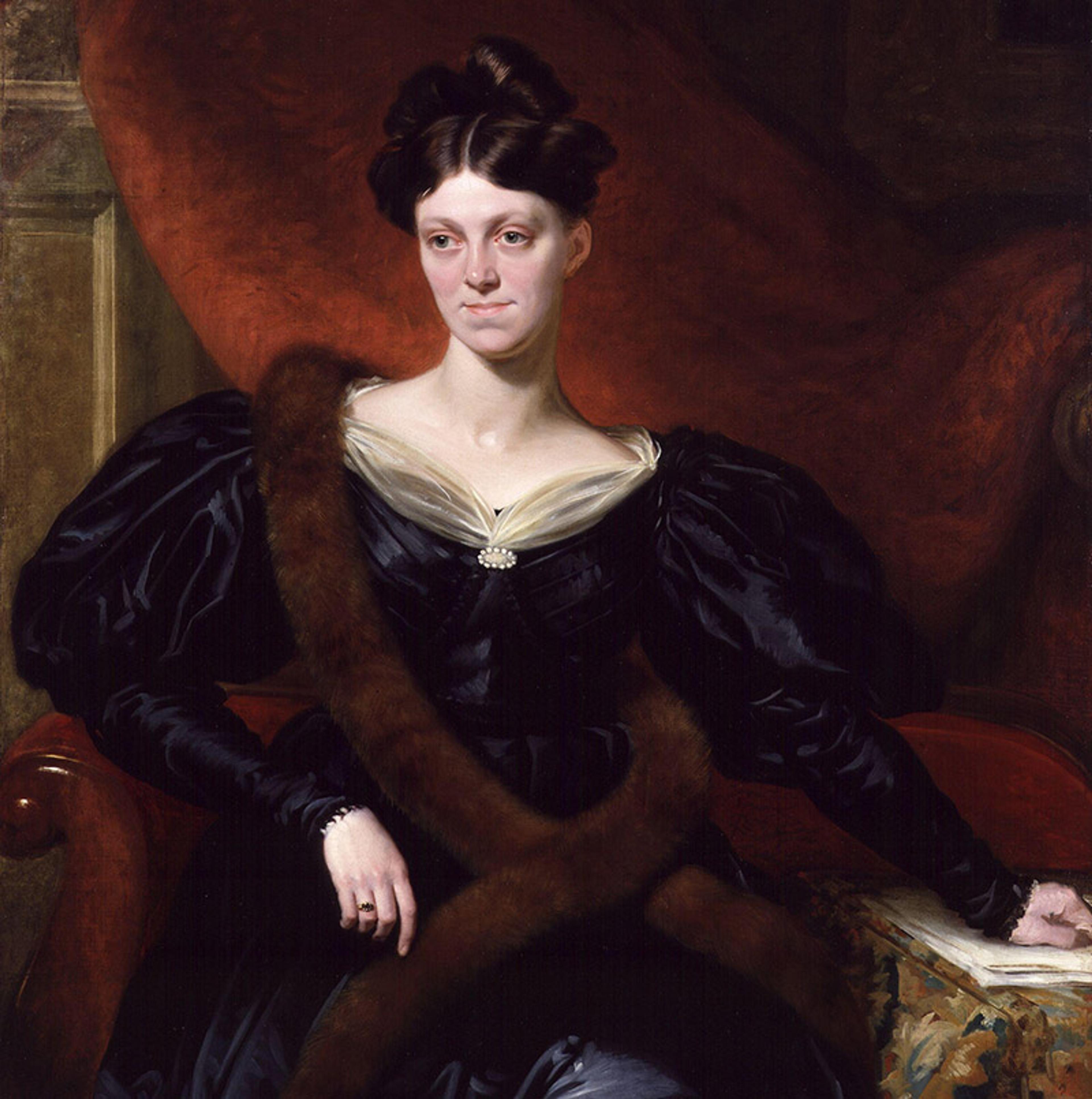 A painting of a seated woman in dark clothing with puffy sleeves, a fur stole and an elaborate hairstyle against a red background.