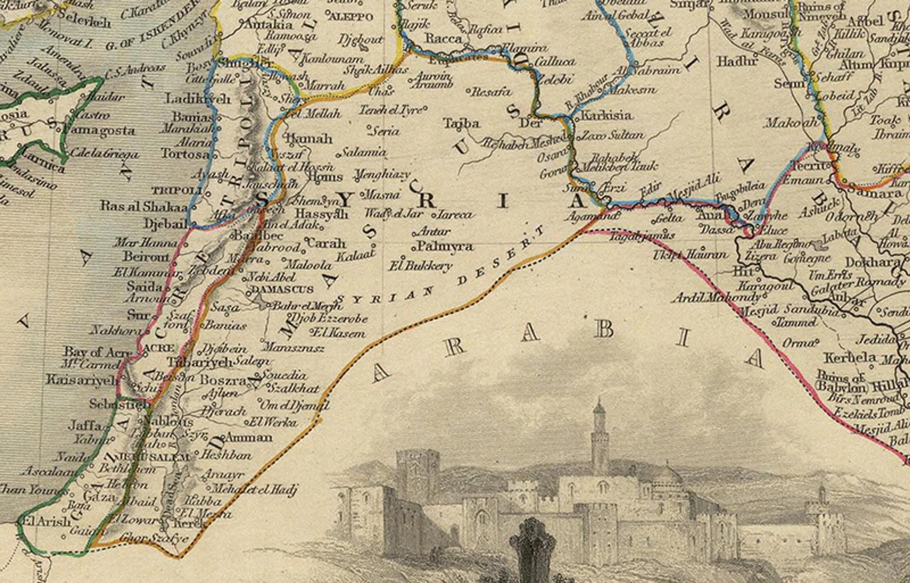 Antique map of the Middle East showing regions including Syria and Arabia with an old sketch of a city at the bottom.