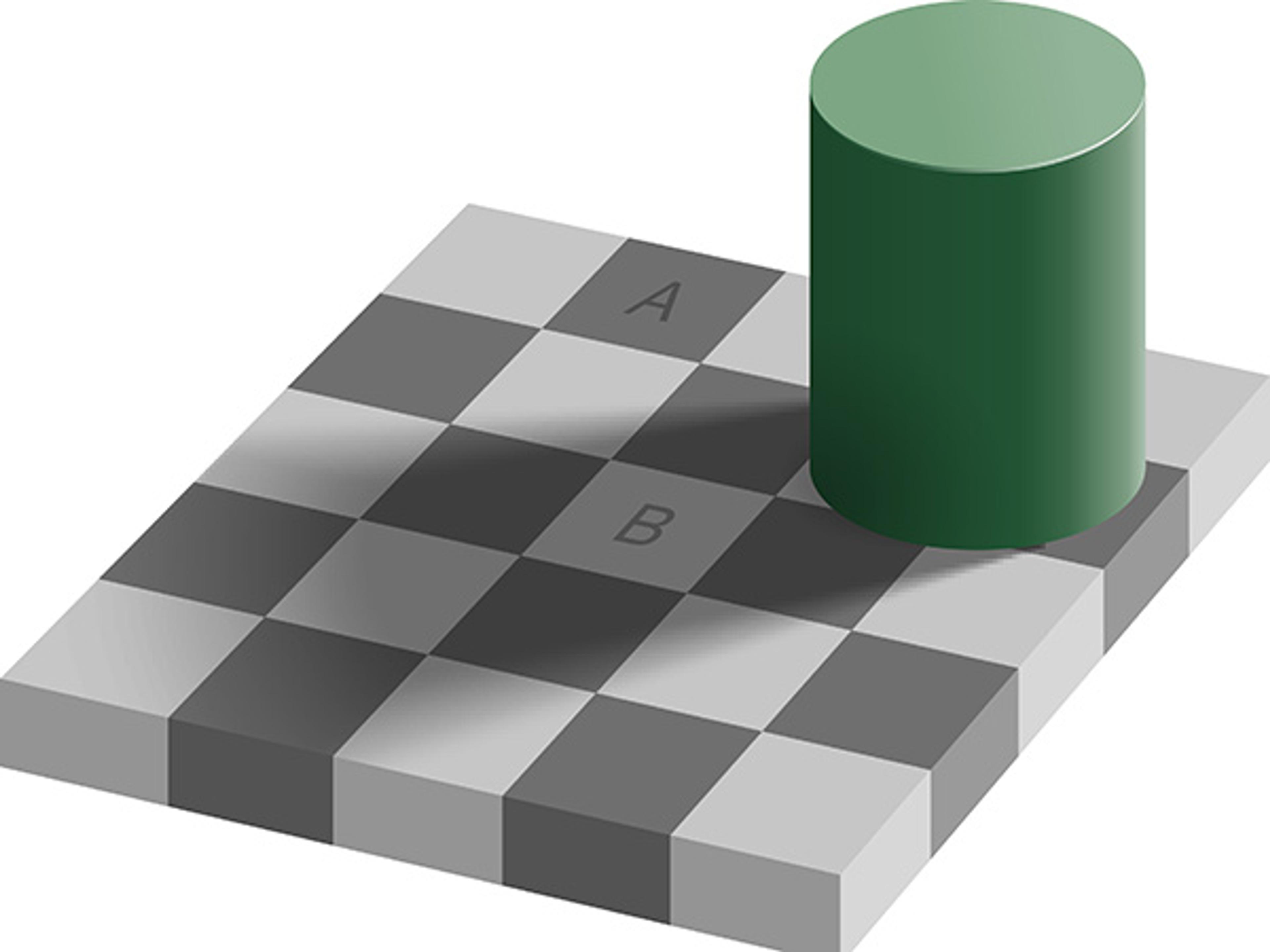 Optical illusion depicting a green cylinder casting a shadow on a grey chequered floor with squares labelled A and B in different shades.