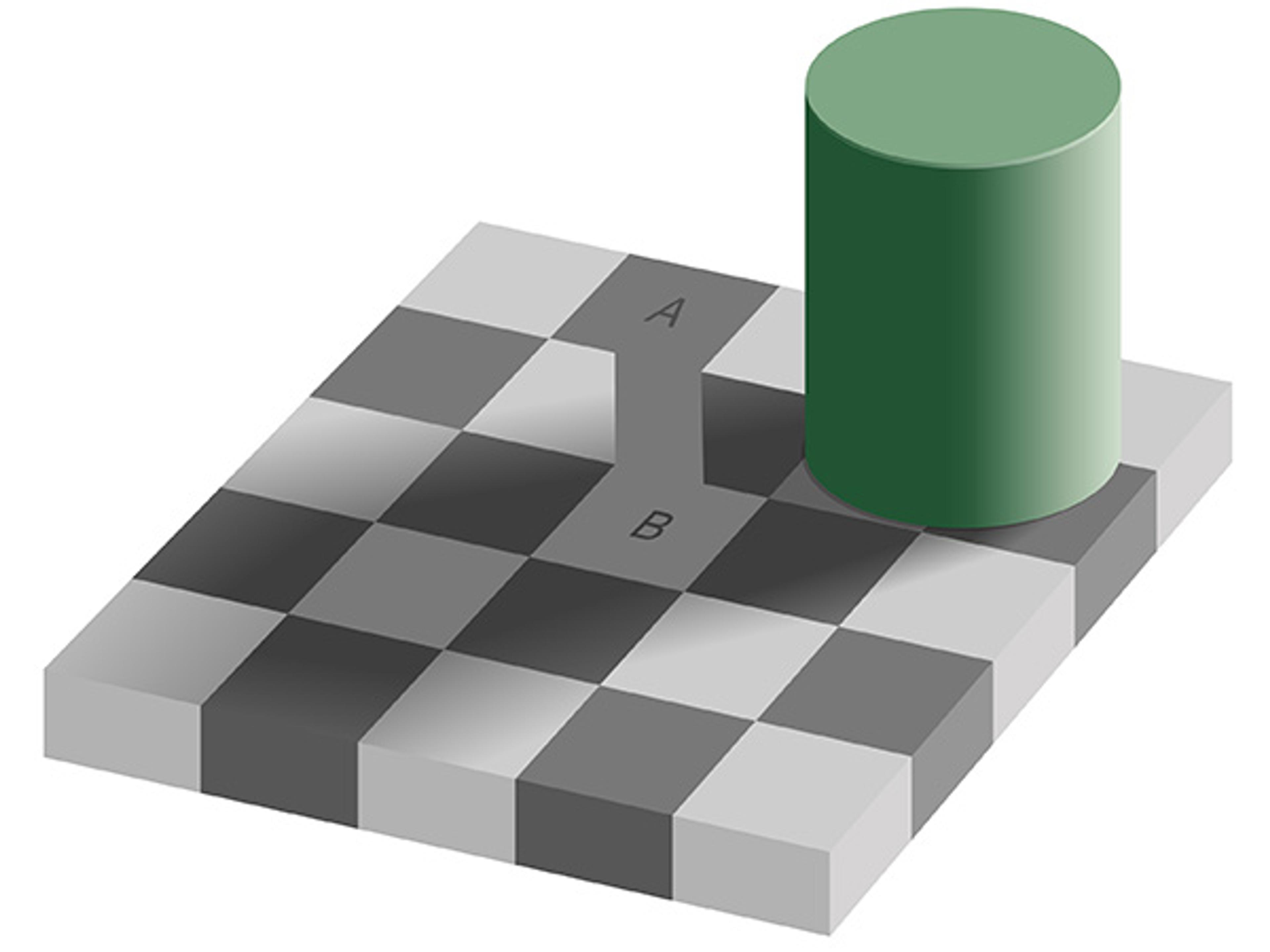Optical illusion illustration with a green cylinder casting shadow on a chequered board. Squares labelled A and B appear different shades.