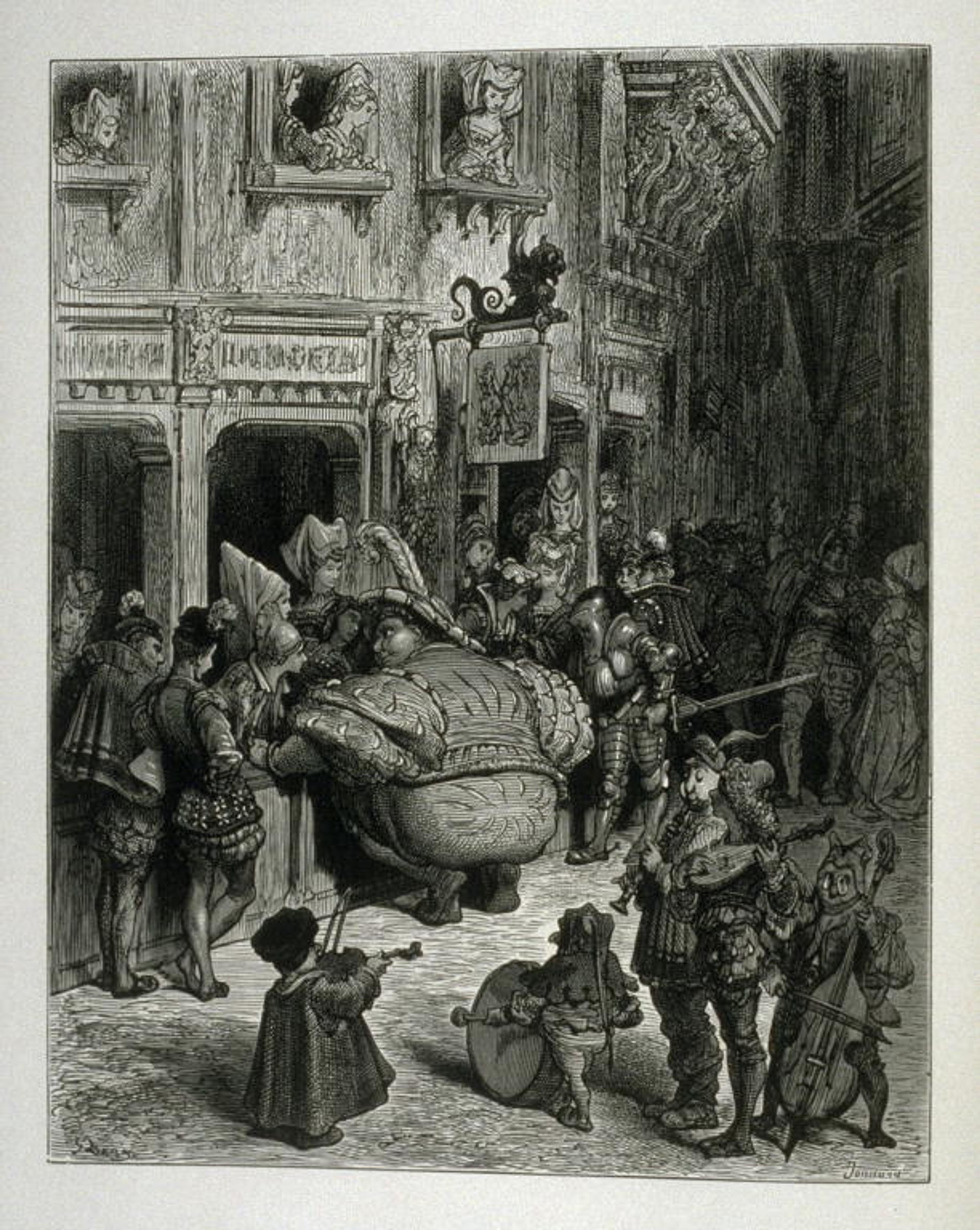 Engraving of a lively medieval street scene with a crowd, musicians and onlookers from windows, featuring ornate architecture and detailed costumes.