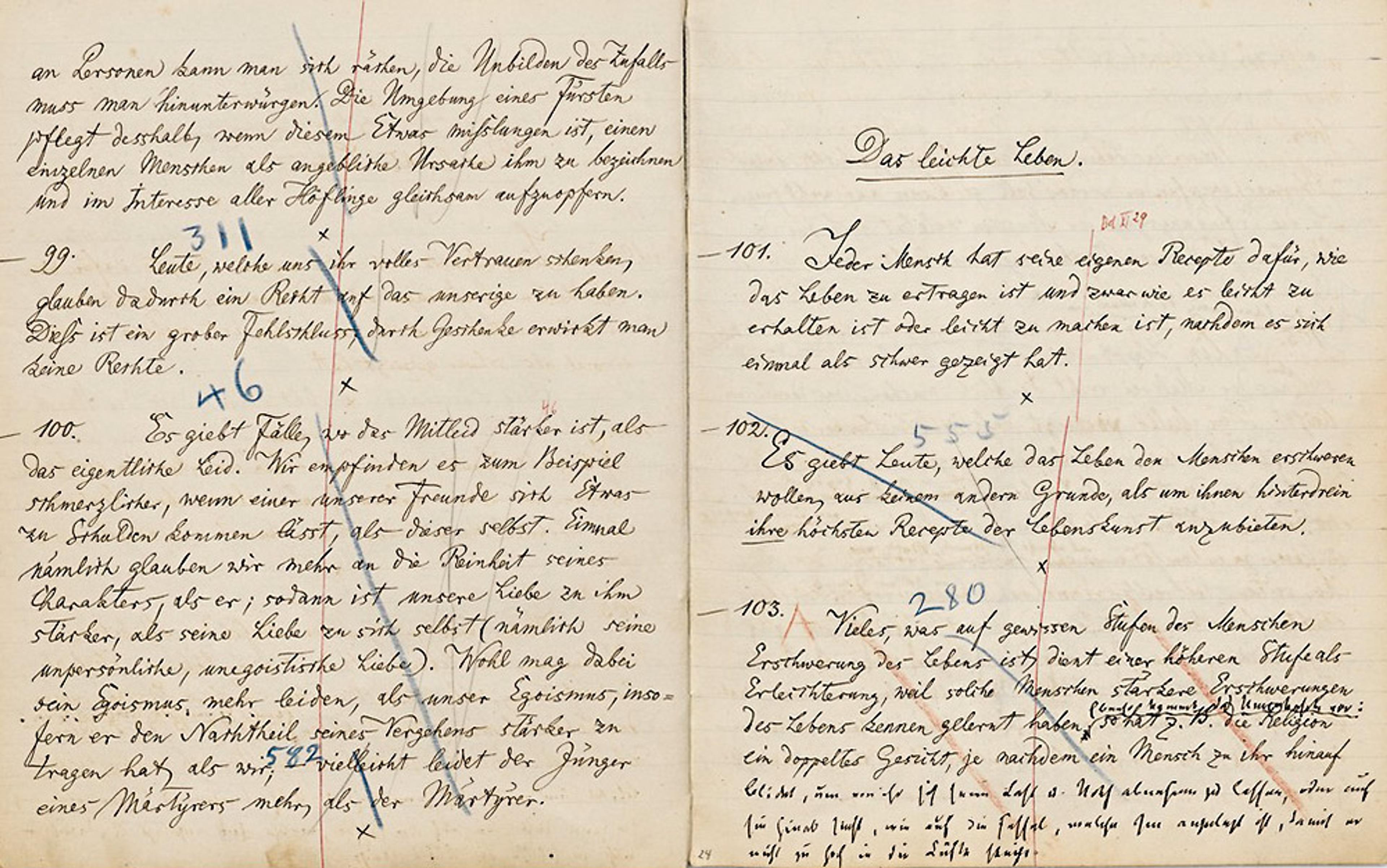 Image of handwritten notebook pages titled ‘Das Leichte Leben’ with German text and various annotations. Blue and red markings are present.