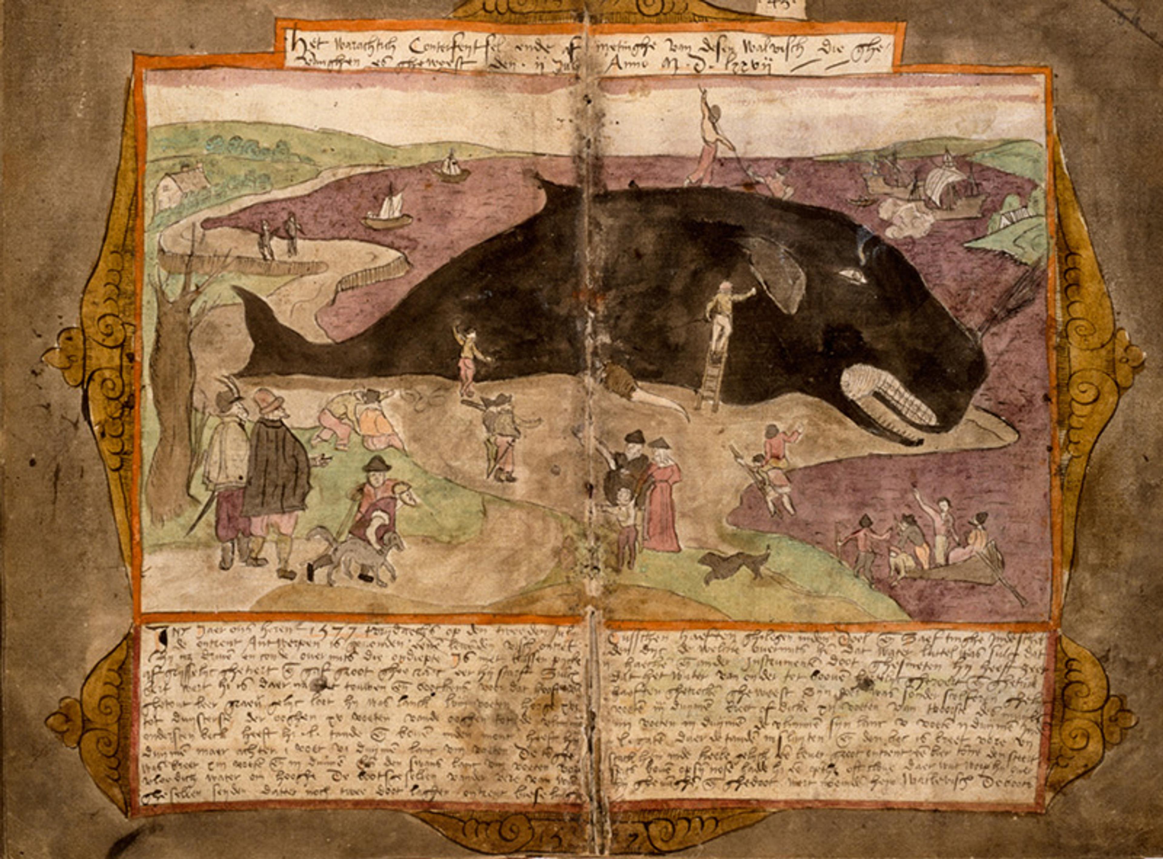 Painting of people surrounding a beached whale with handwritten text on both pages, framed by an ornate border.