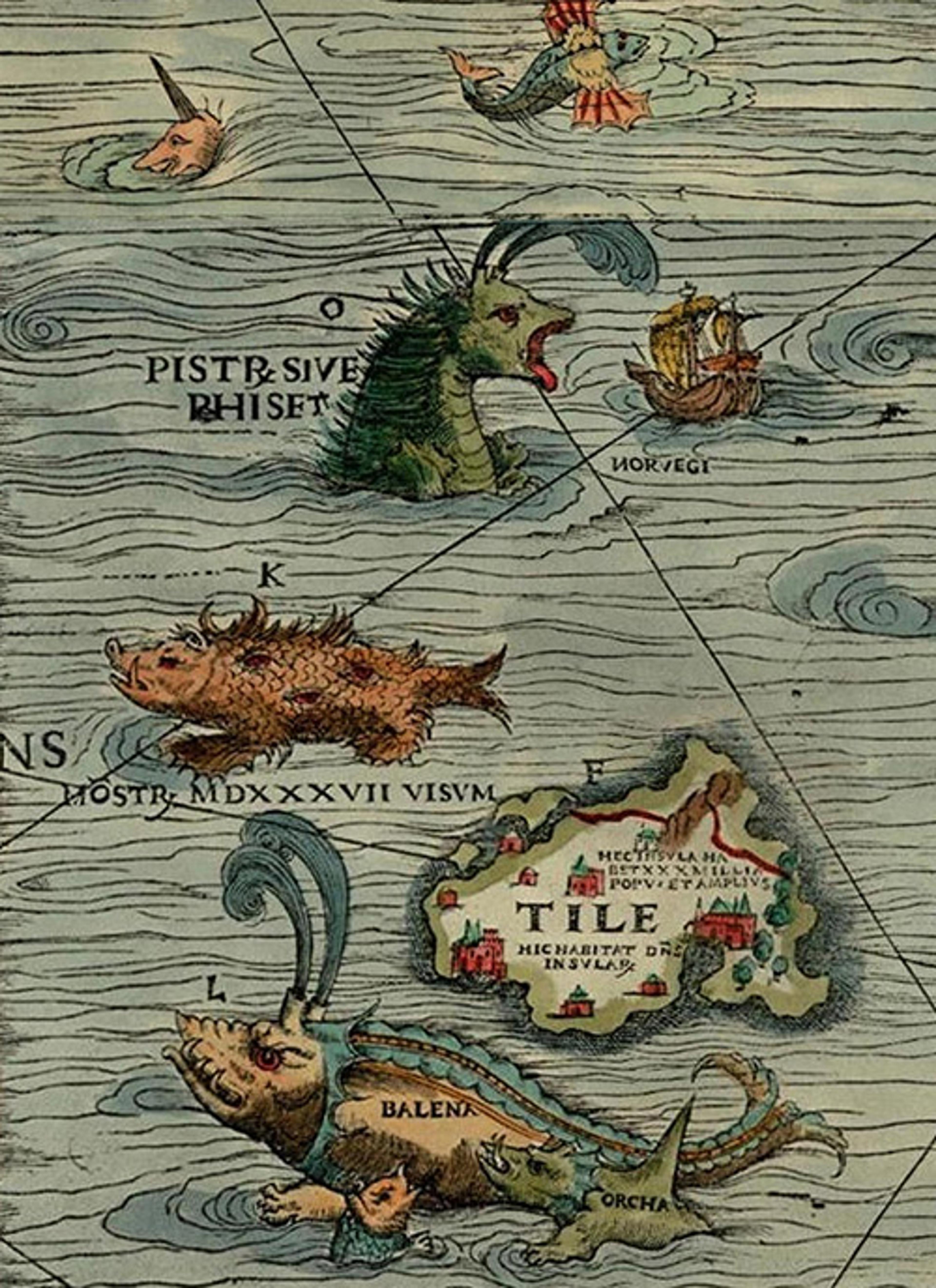 An antique map featuring sea monsters, a sailing ship, and an island named “Tile”; illustration with vintage detailing and colours.