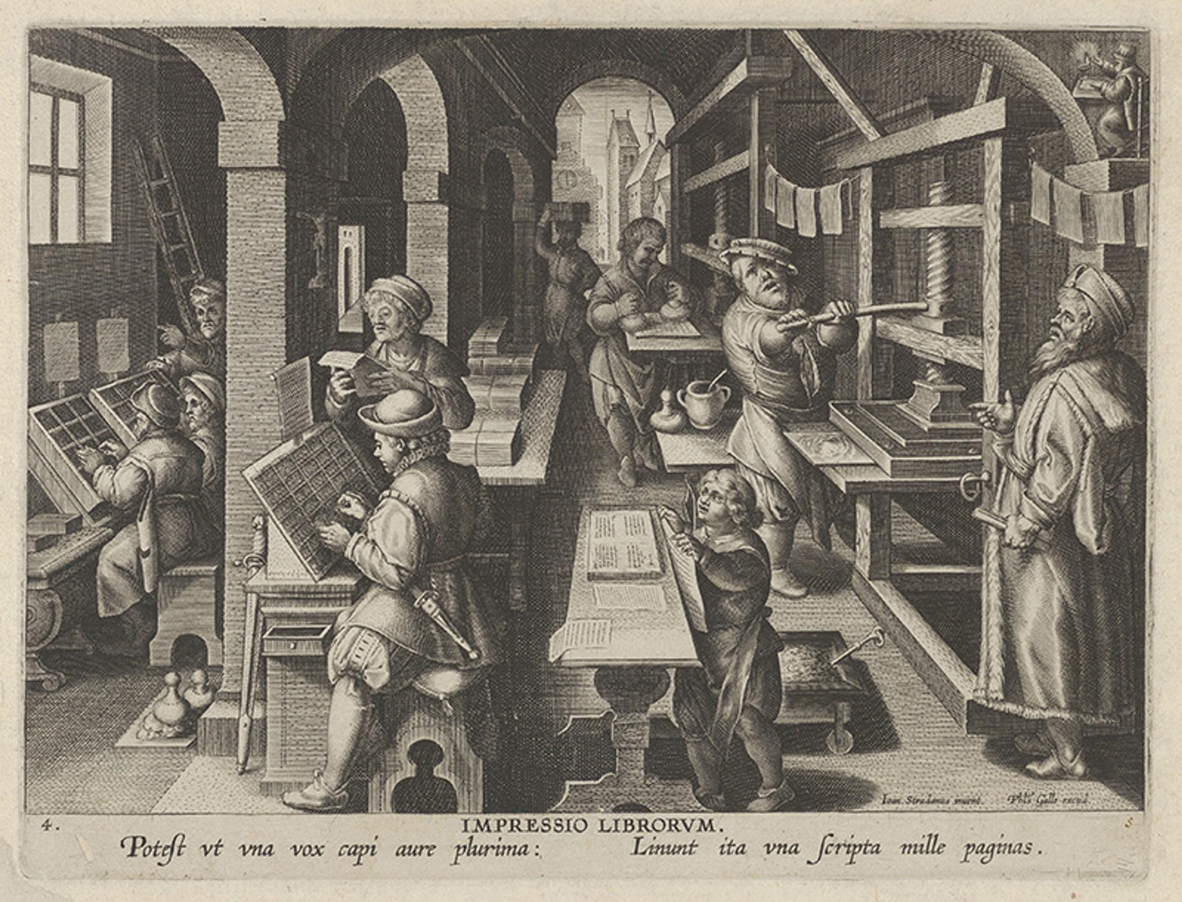 Engraving of a historical print shop, showing workers operating presses, arranging type and examining pages in a detailed interior.