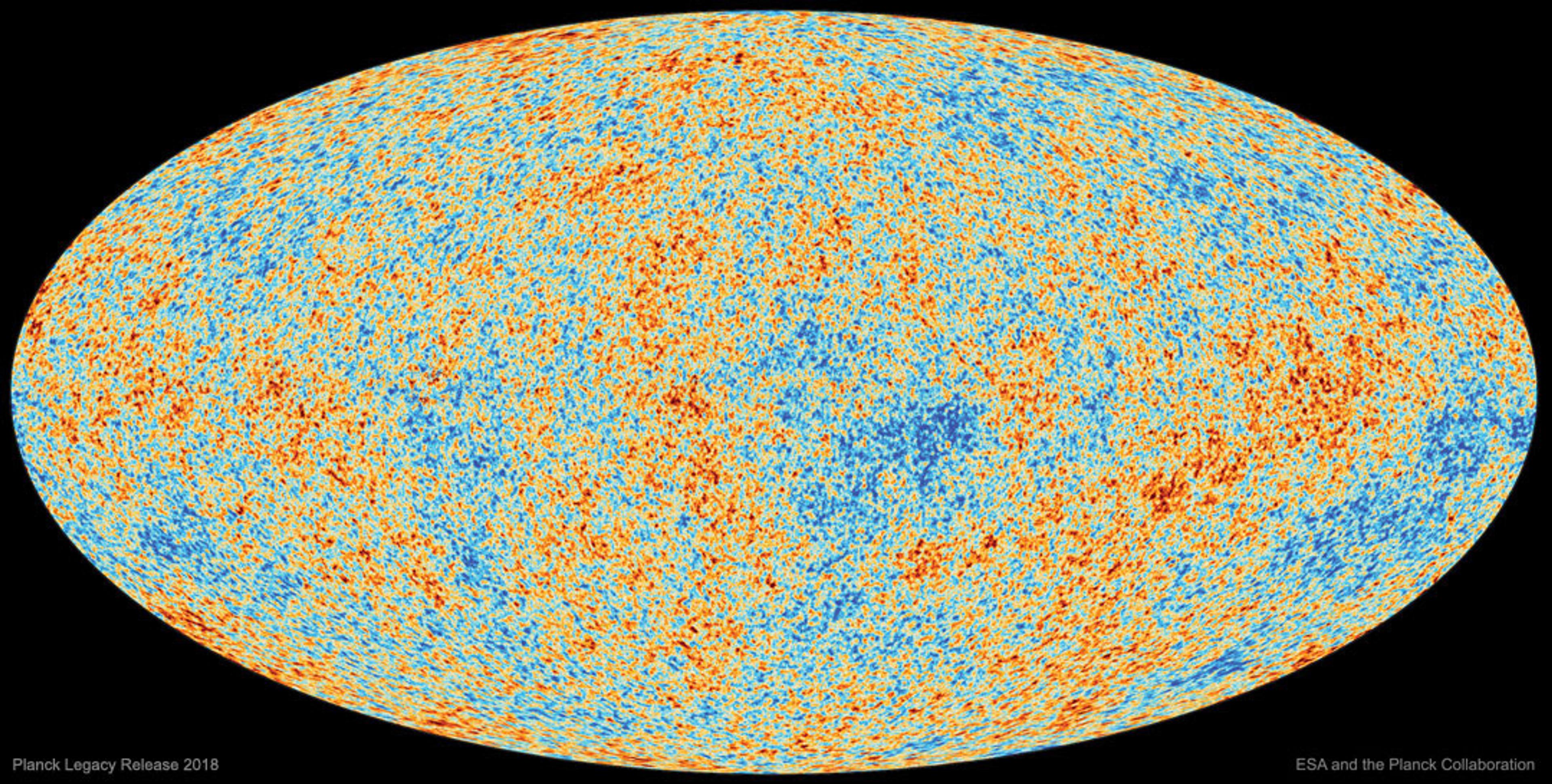 Map of the cosmic microwave background, showing a colourful pattern of blue and red areas.