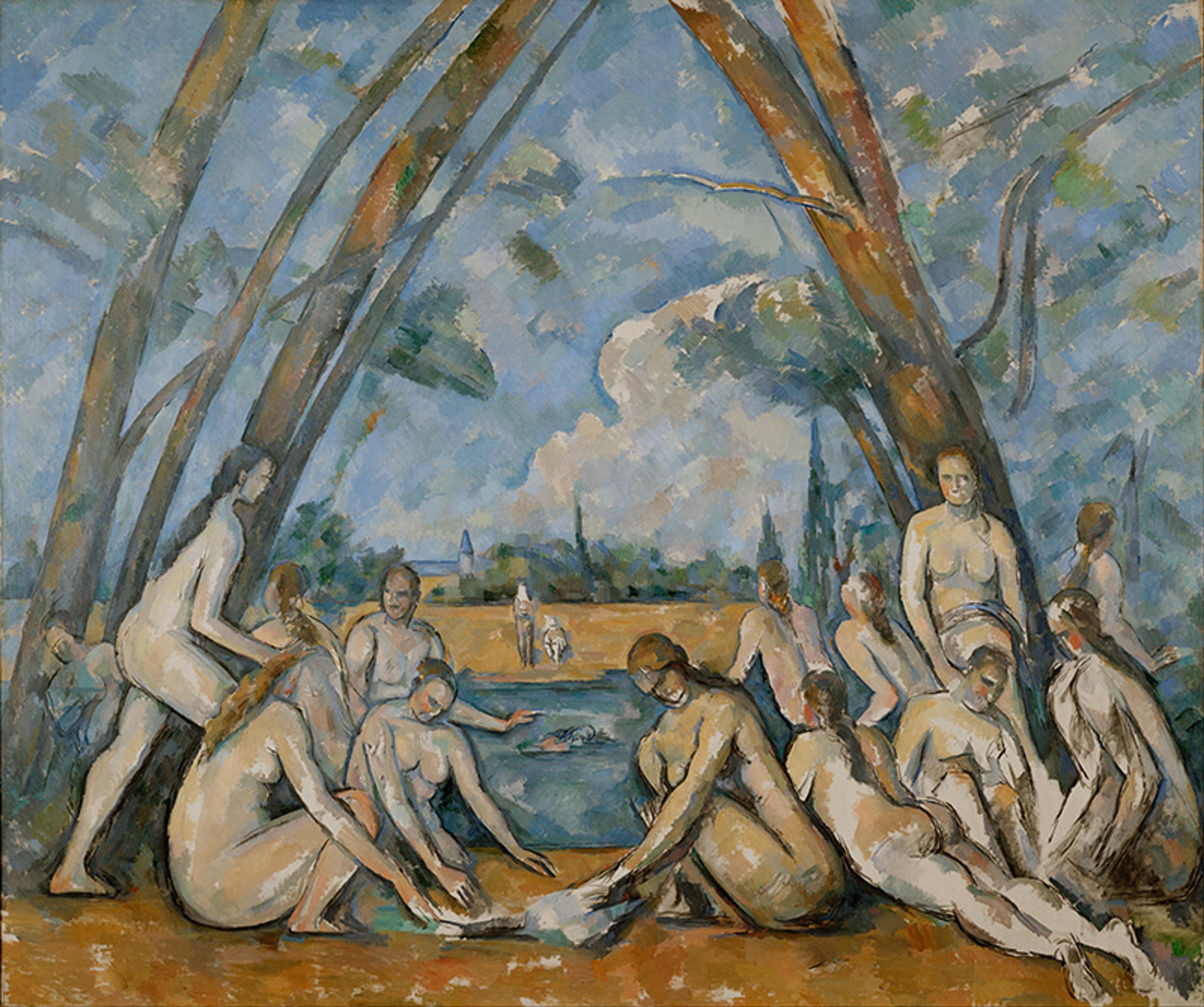 Painting of a group of nude women by a lake, surrounded by trees with a cloudy sky in the background.