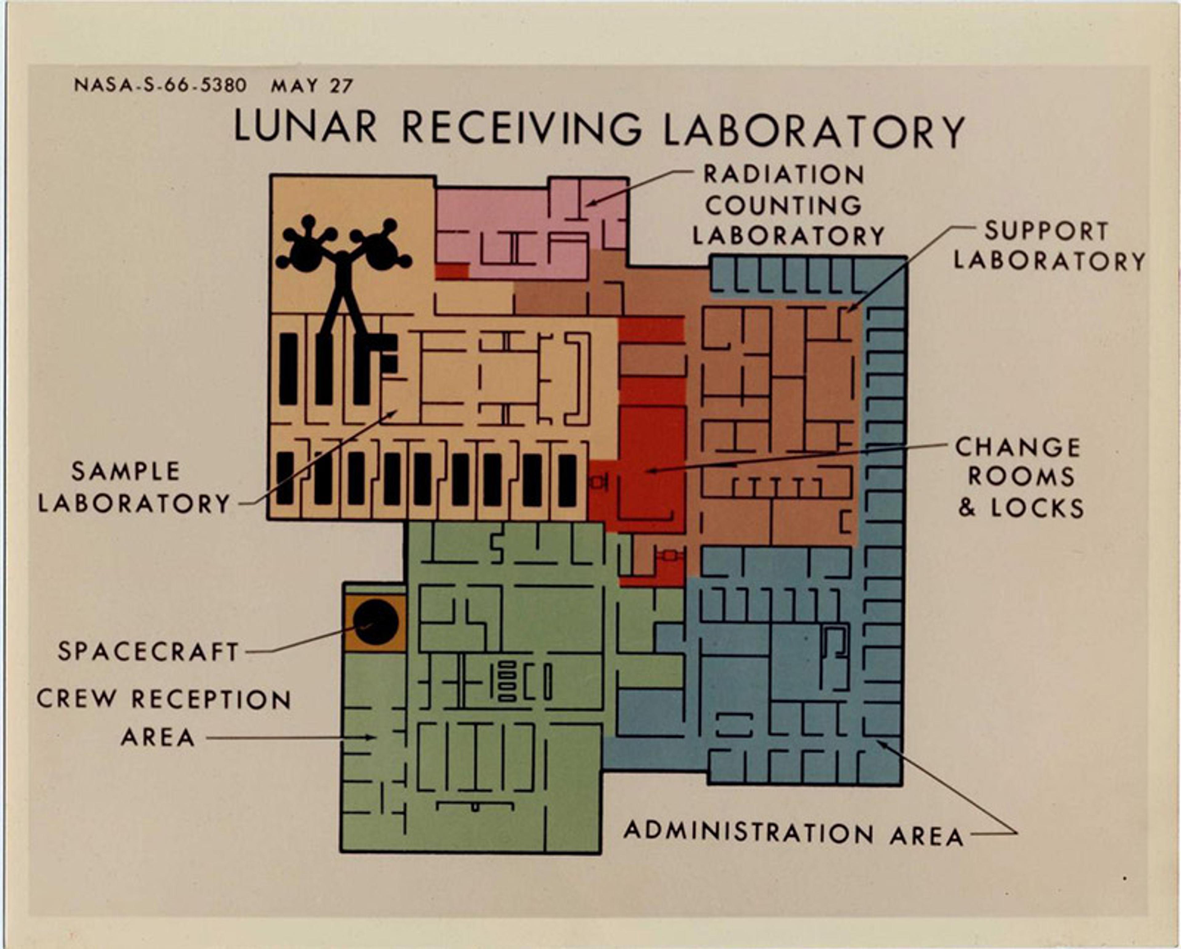 Diagram of NASA’s Lunar Receiving Laboratory floorplan, showing labelled areas such as sample labs, crew reception and administration.