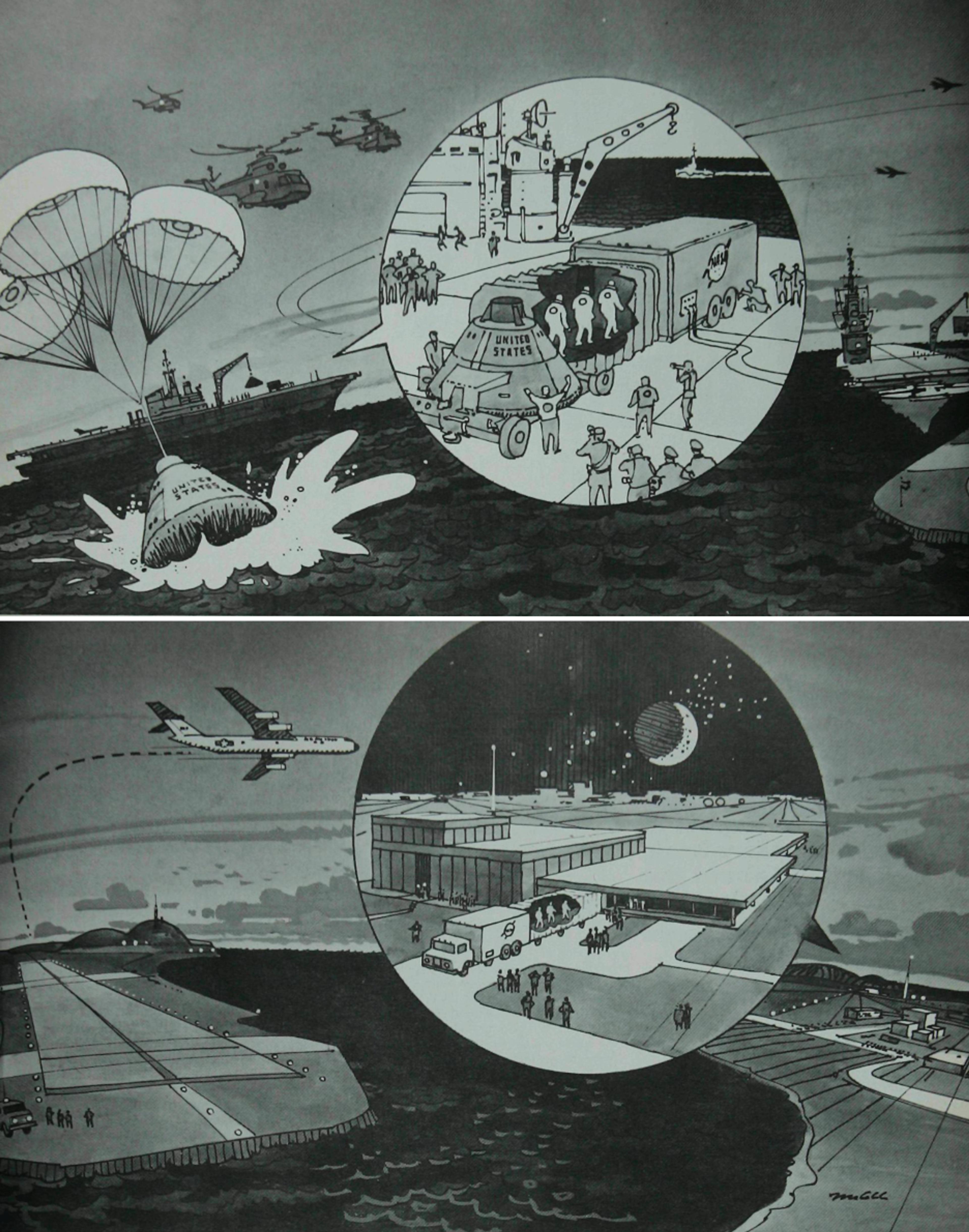 Black-and-white drawing of a spacecraft landing in water, then transported to NASA. A plane approaches a futuristic terminal at night.