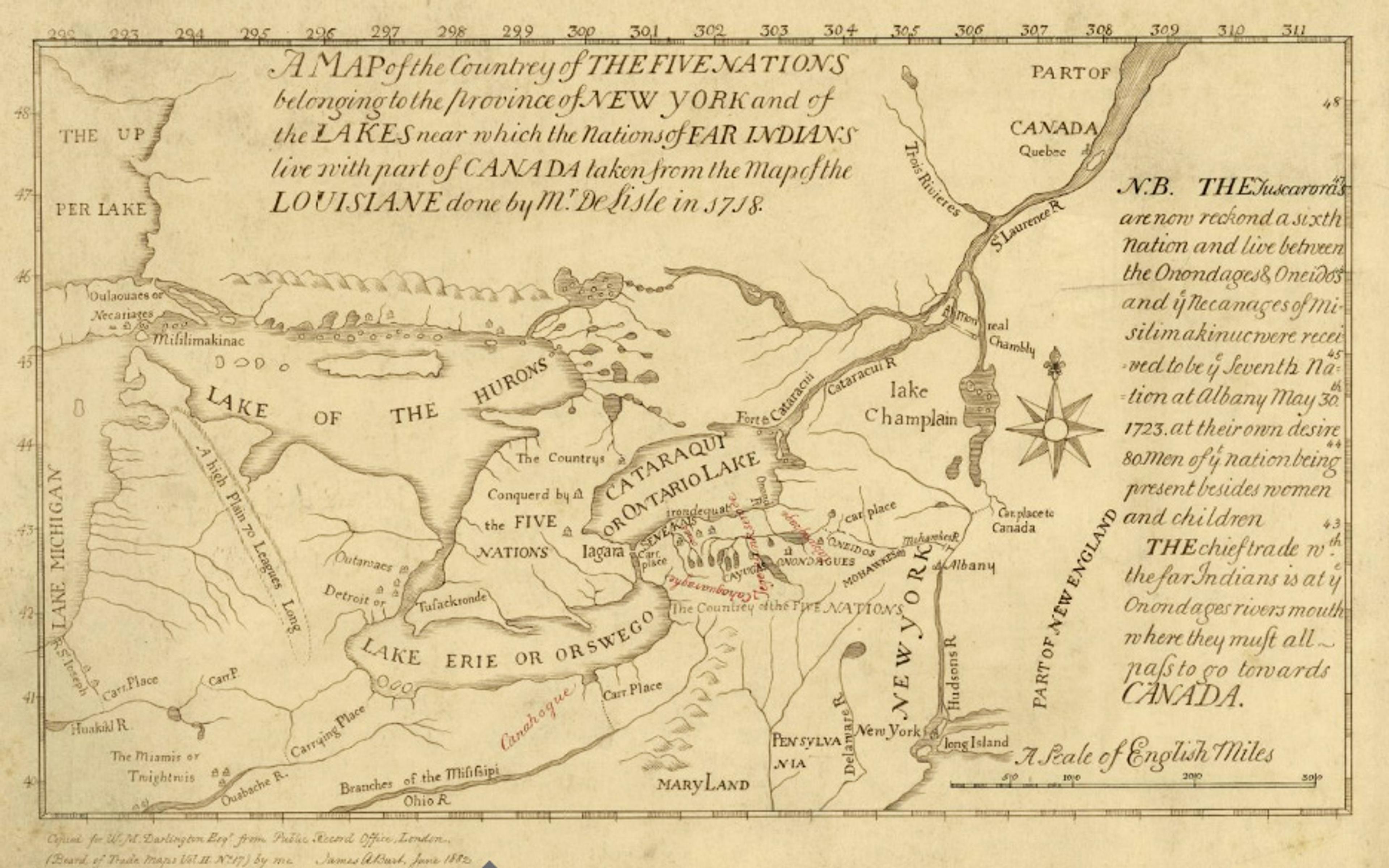 Old map of the country of the Five Nations of Native Americans in New York and adjacent Canada, drawn by De Lisle in 1718.