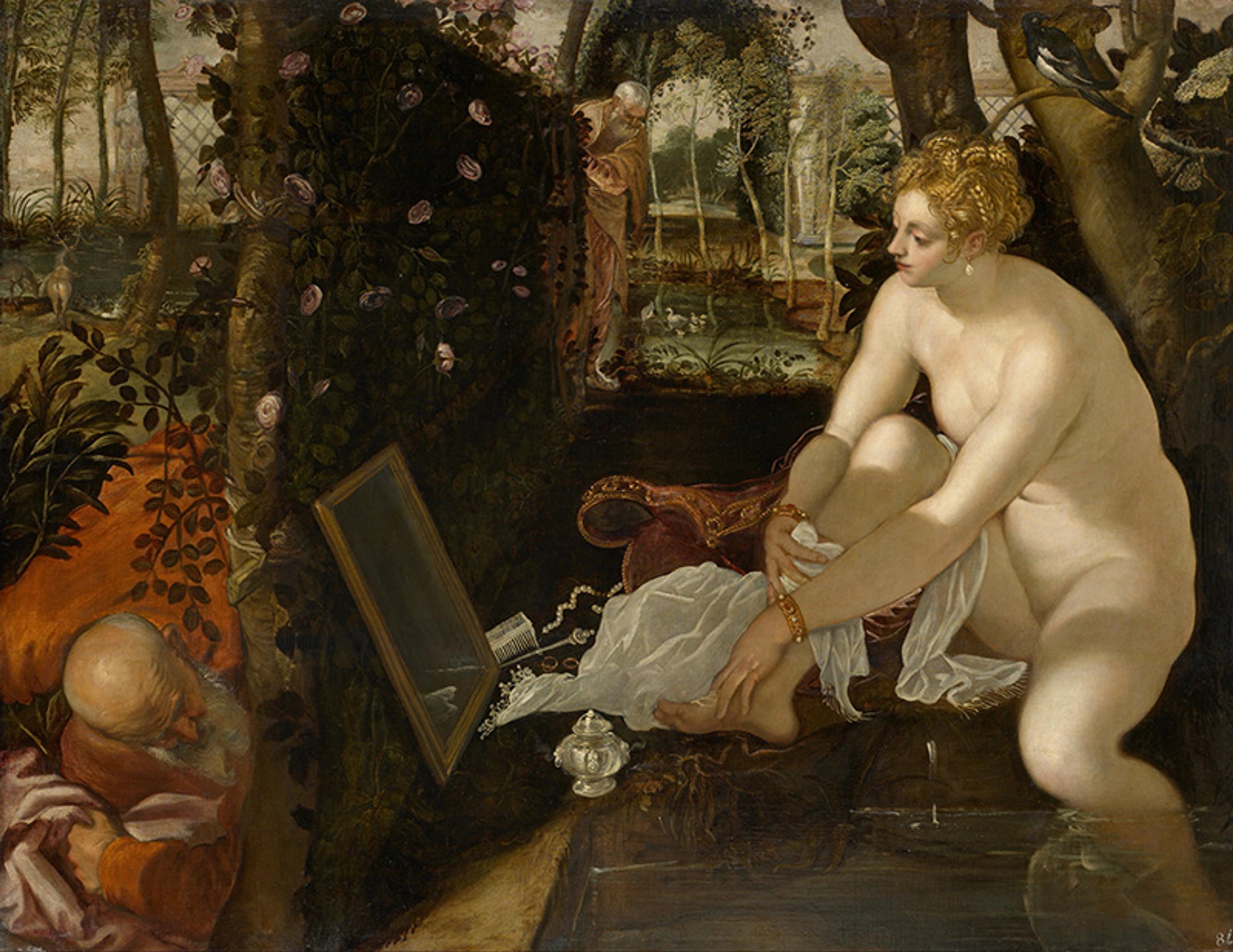 Renaissance painting of a nude woman with a mirror, foliage, and a reclining elderly man with a red robe in the foreground.