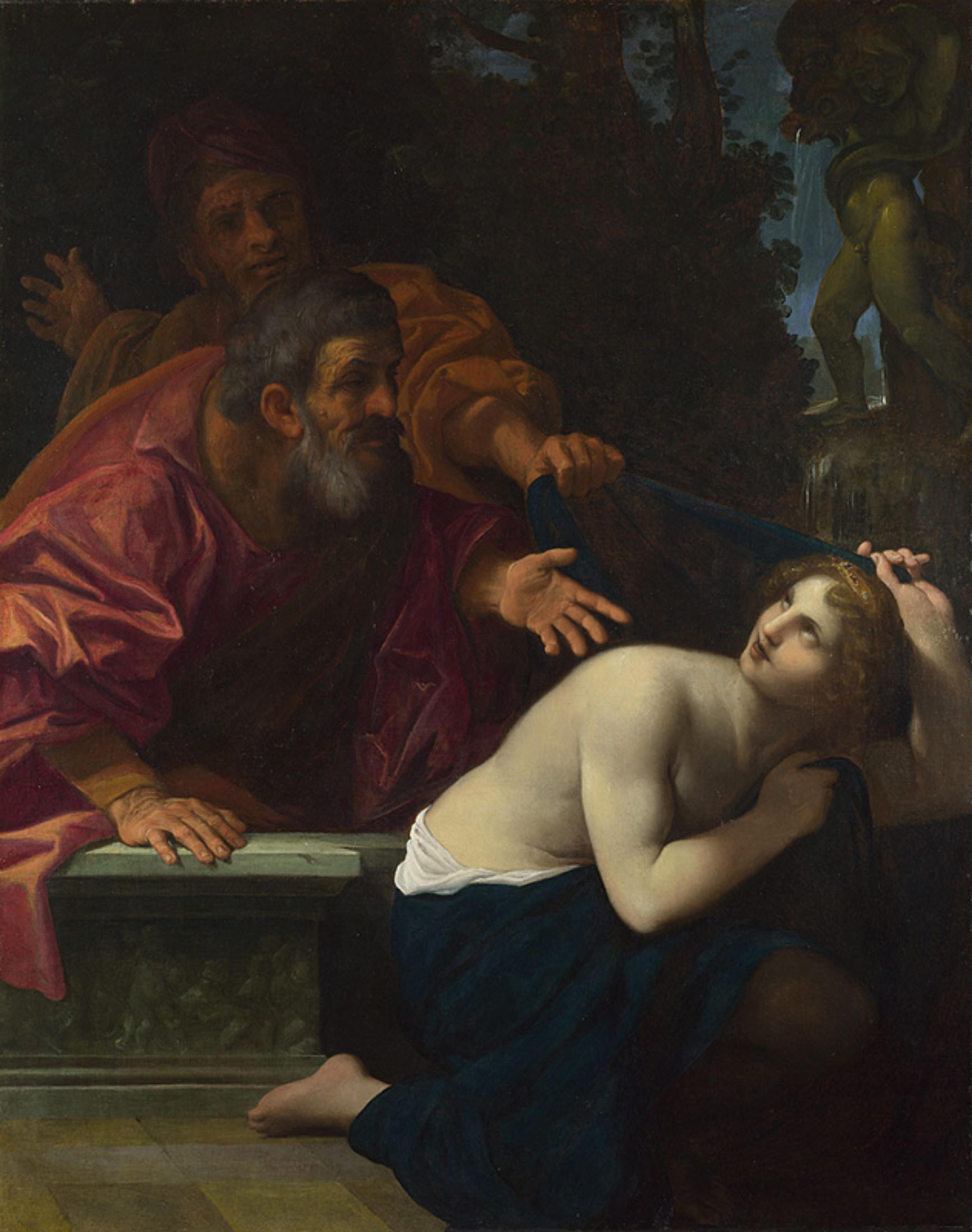 A painting depicting a woman partially draped with a blue cloth, confronted by two elderly men. The background is dark and wooded.