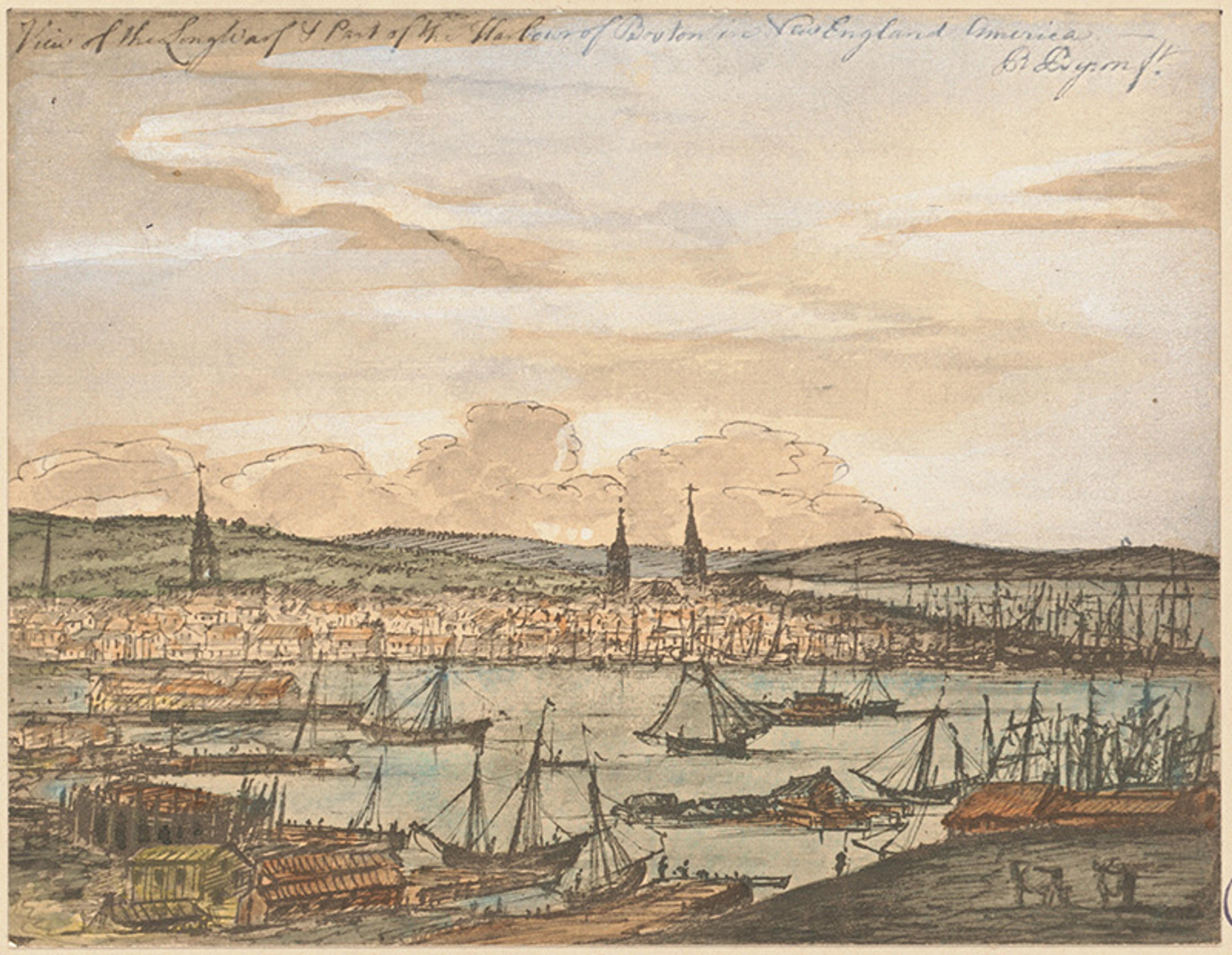 Painting of a 19th-century port cityscape with ships, docks and buildings, set against a hilly backdrop with cloudy skies.