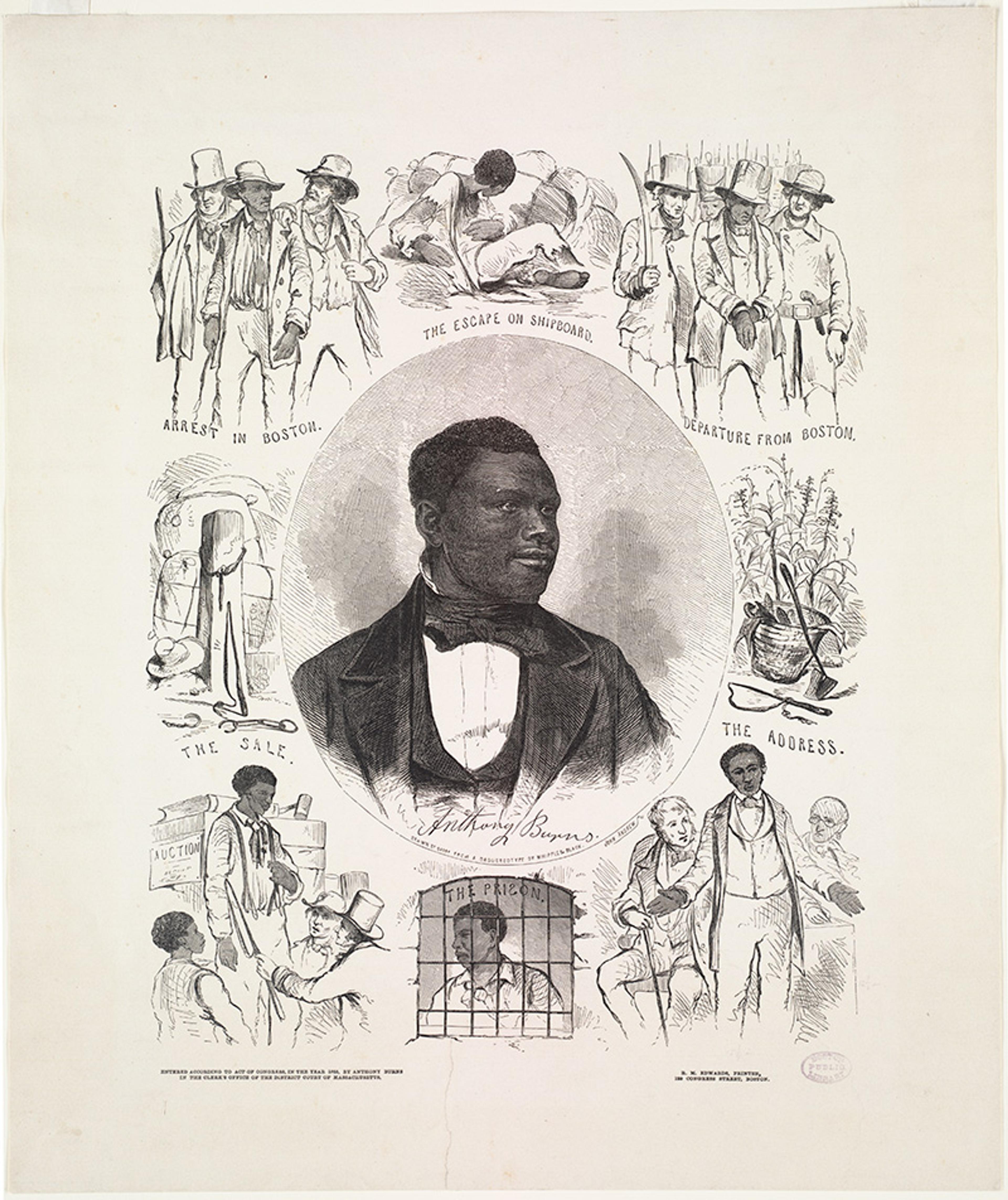 Illustration depicting a central portrait of a Black man surrounded by scenes titled ‘Arrest in Boston’, ‘Escape on Shipboard’, and ‘The Sale’.