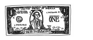 Black-and-white drawing of a one dollar bill from the United States of America with intricate detailing and text.