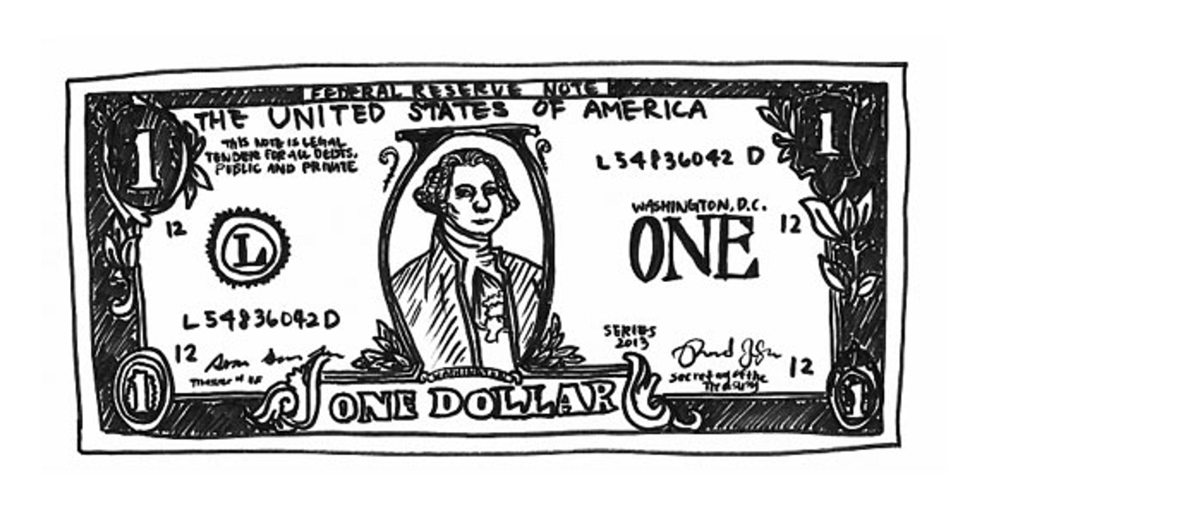 Black-and-white drawing of a one dollar bill from the United States of America with intricate detailing and text.