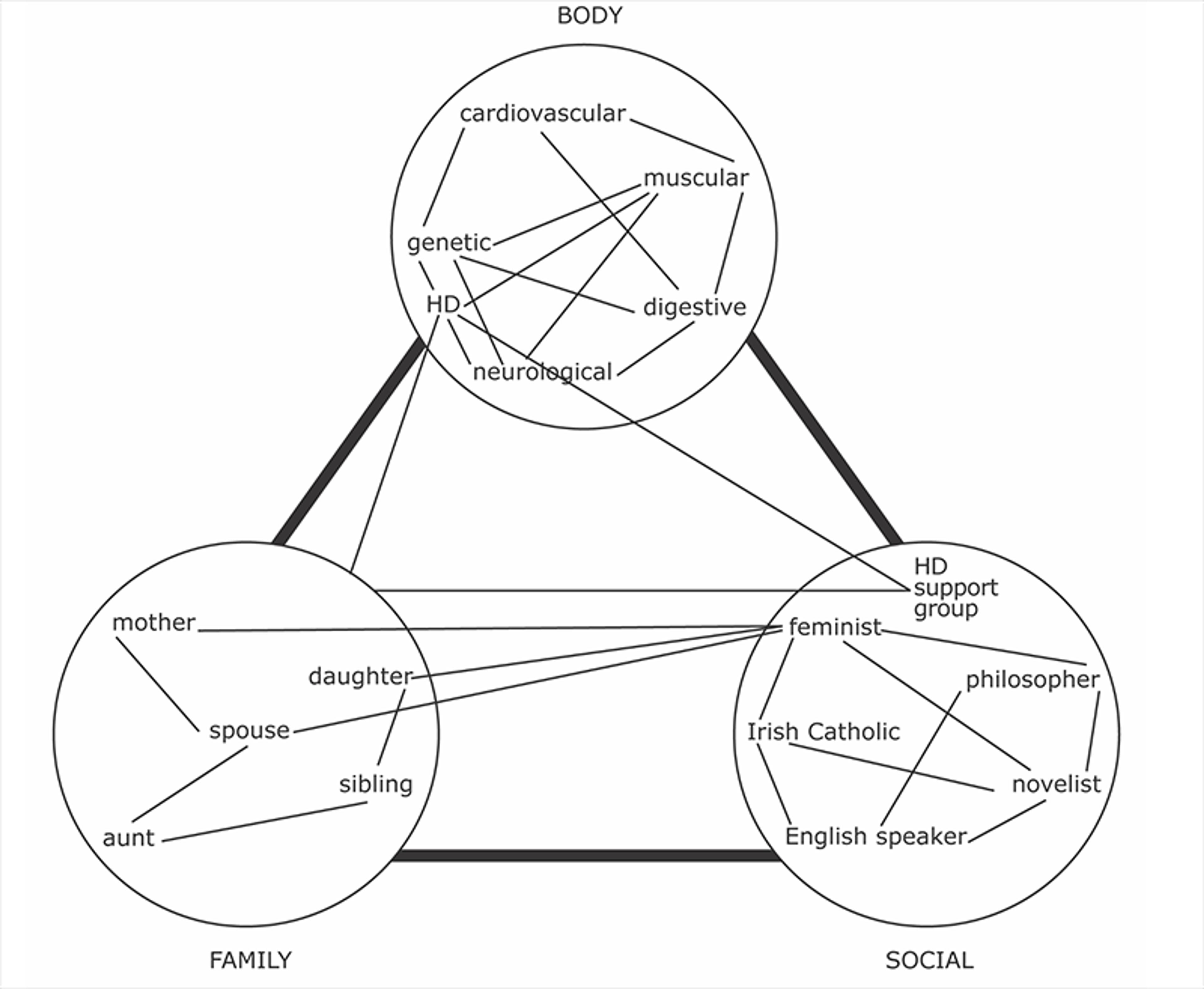Diagram showing interconnections between body (cardiovascular, muscular), family (mother, spouse) and social circles (feminist, Irish).