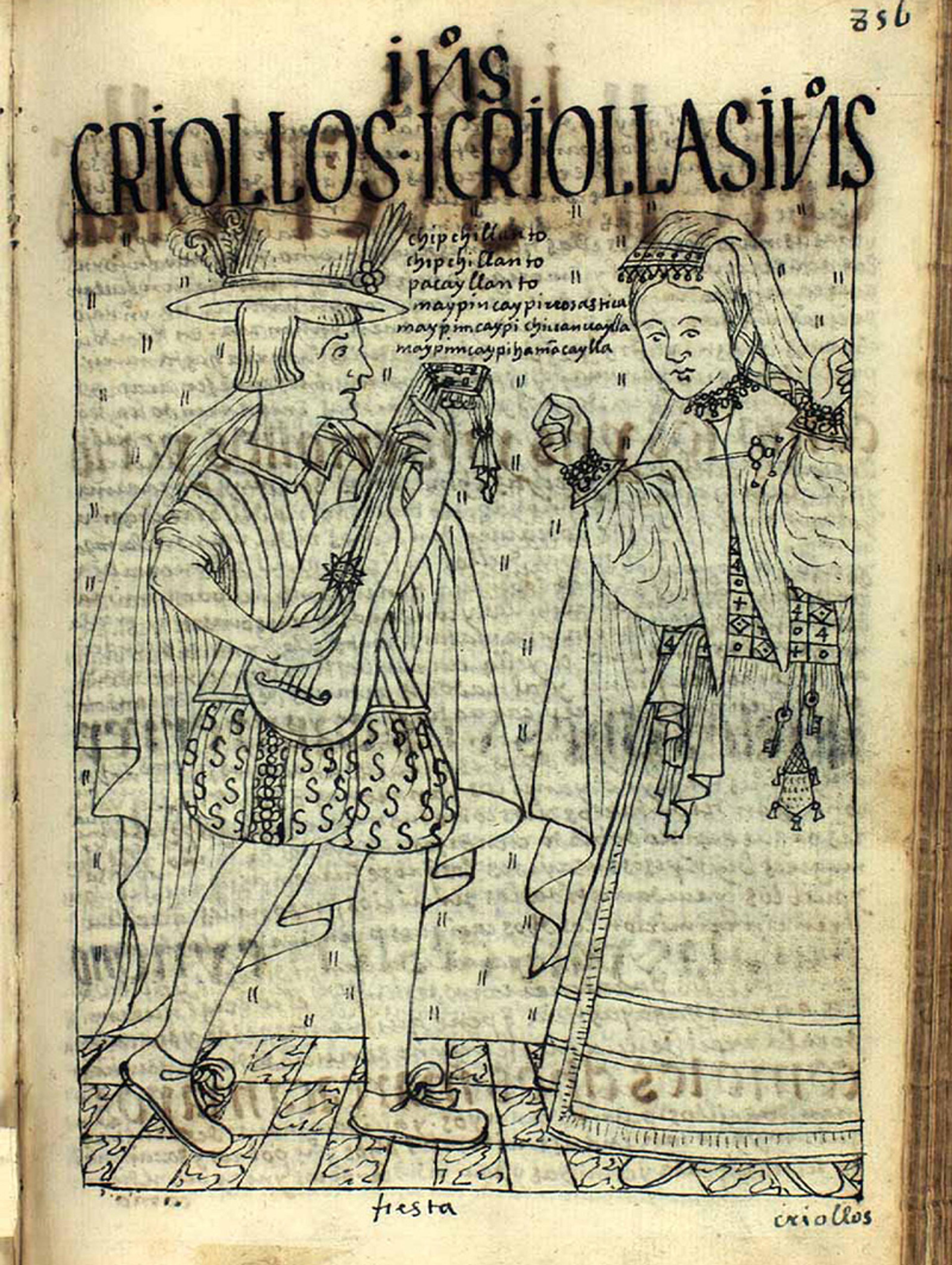 Illustration of a man playing a stringed instrument and a woman in traditional dress, titled “CRIOLLOS Y CRIOLLAS”. Drawing on aged paper.
