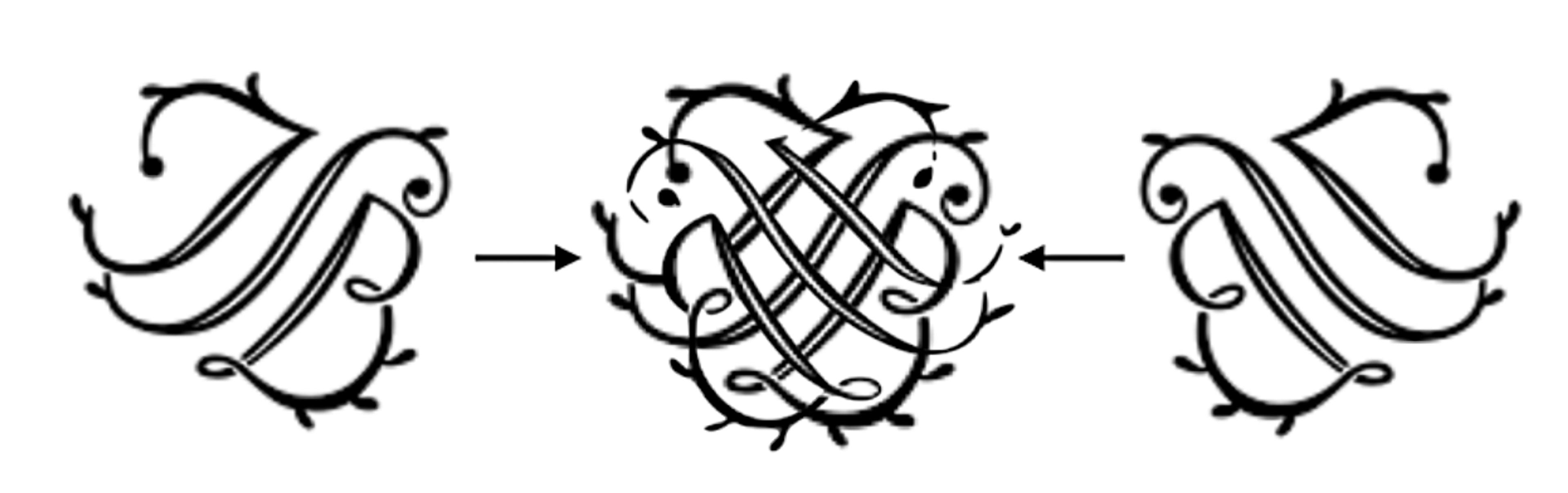 Black-and-white diagram showing the combination of two ornate, symmetrical flourishes into a single complex design featuring the initials J S B, with arrows indicating motion.