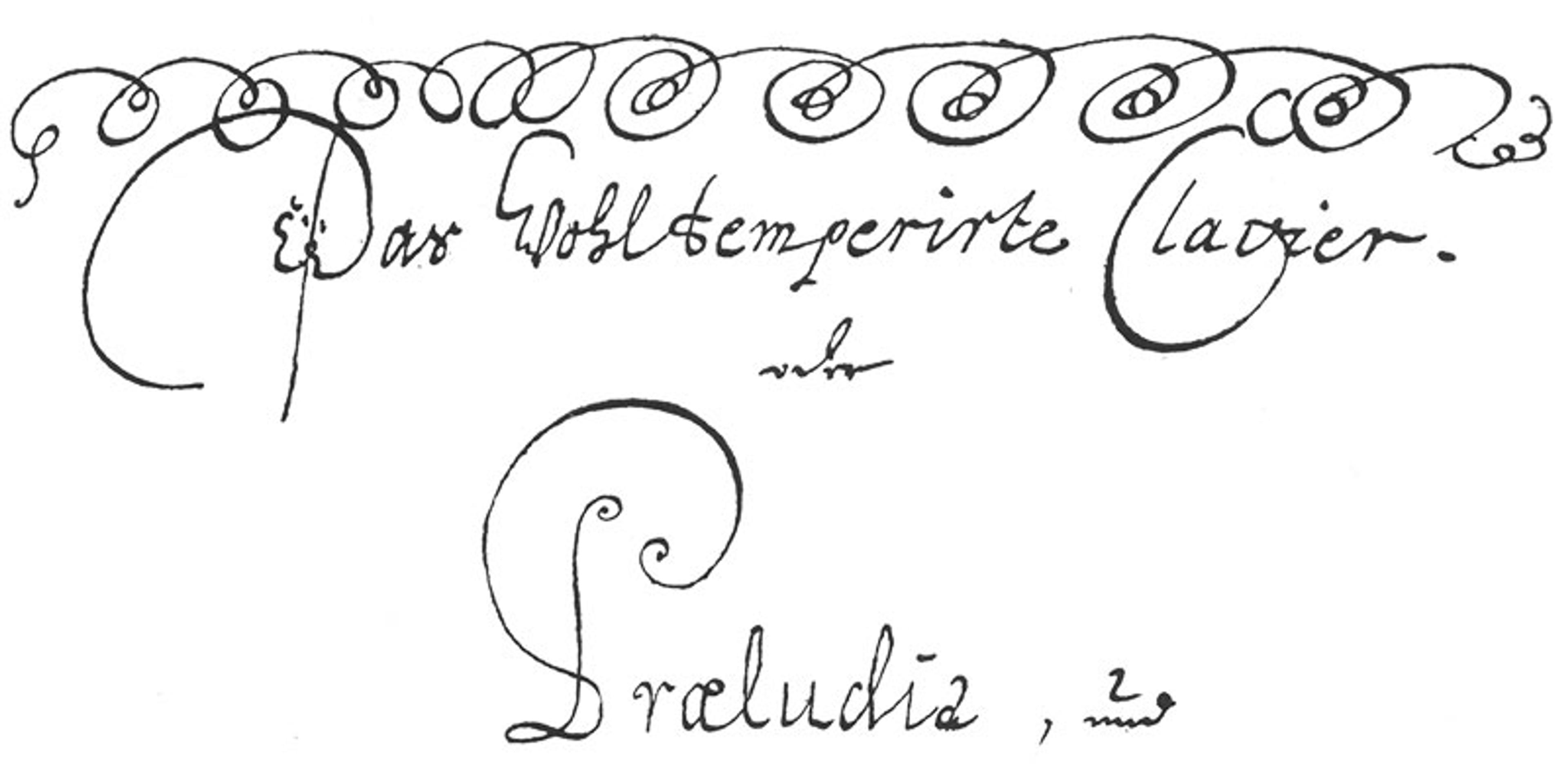 Handwritten sheet music cover for “Das Wohltemperierte Clavier” by J S Bach with ornate calligraphy and flourishes, black ink on paper.