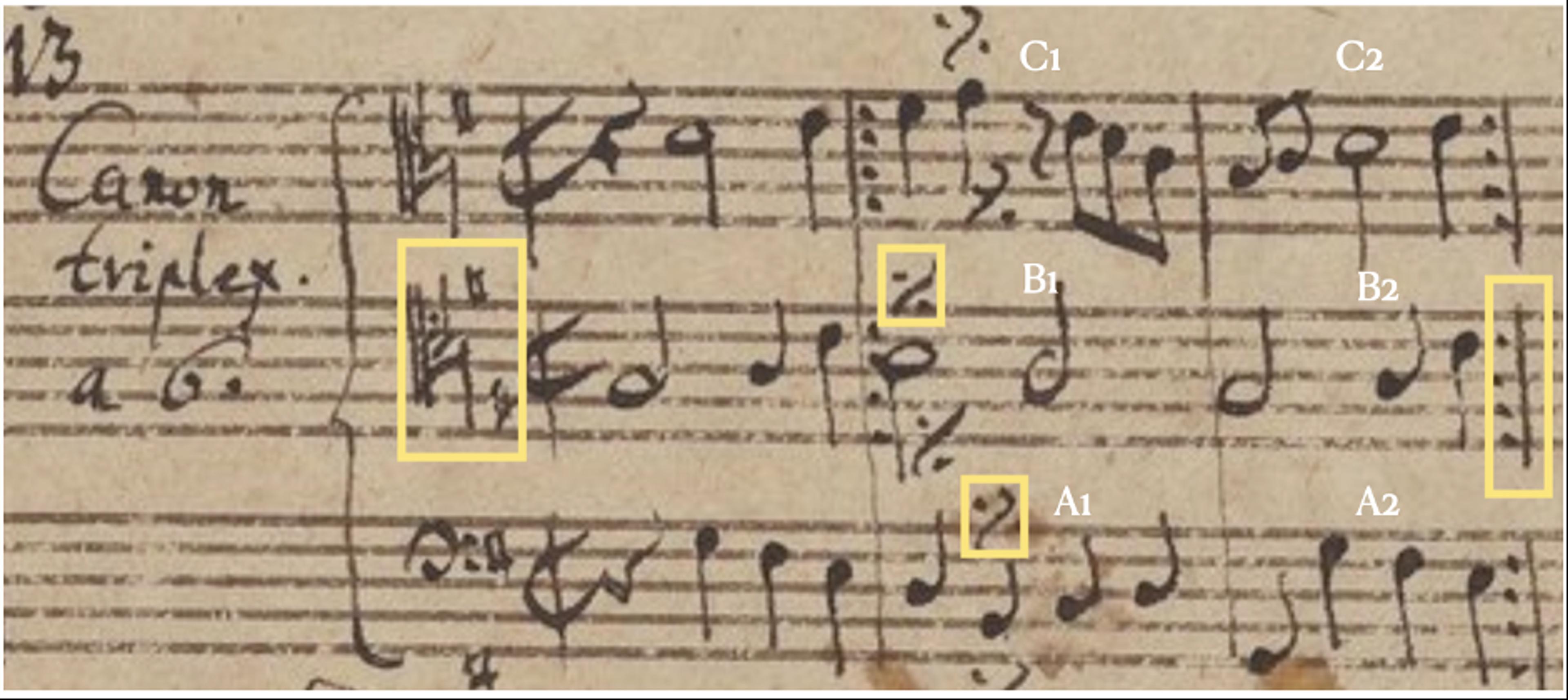 A photo of an old musical manuscript with notes and annotations written in black ink on aged paper. Several sections are highlighted in yellow.
