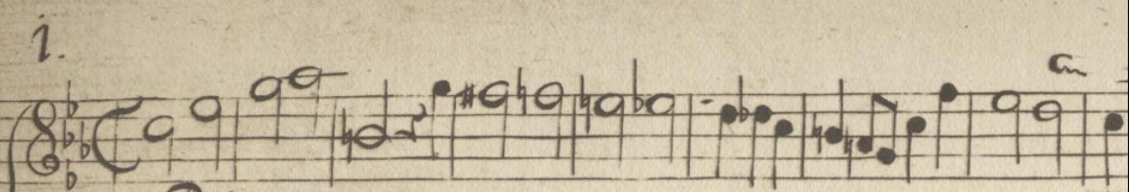 A close-up photo of a handwritten sheet music notation, featuring various musical notes and symbols on a stave.