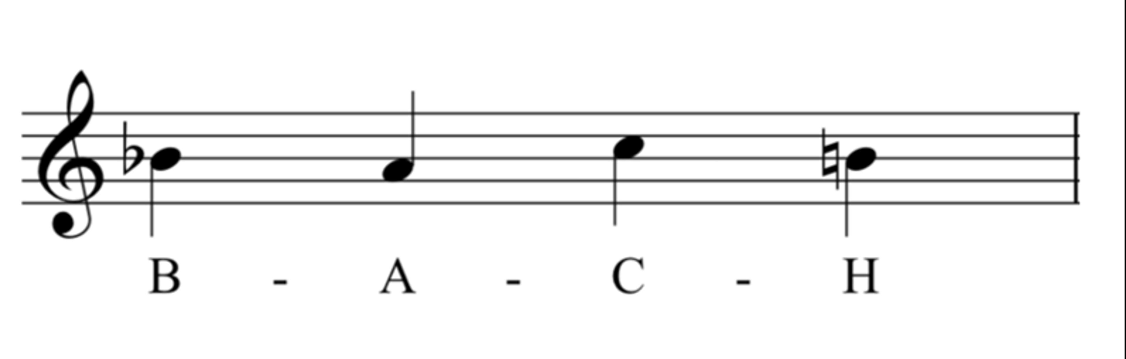 Musical notation spelling “Bach” on a treble clef, featuring the notes B flat, A, C, and B natural.