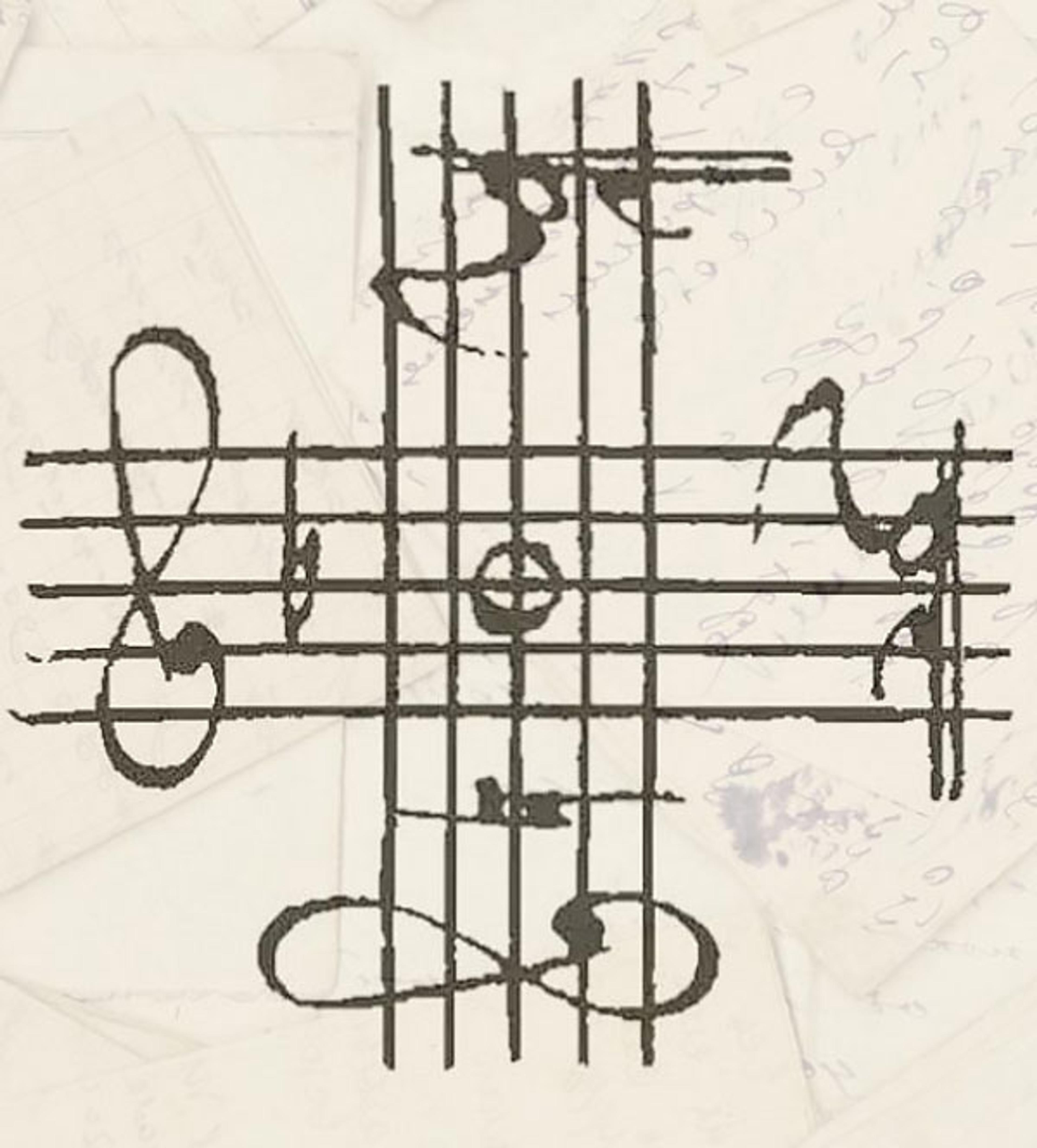 Illustration of a complex glyph resembling musical notation forming a cross on a background of faint cursive script.