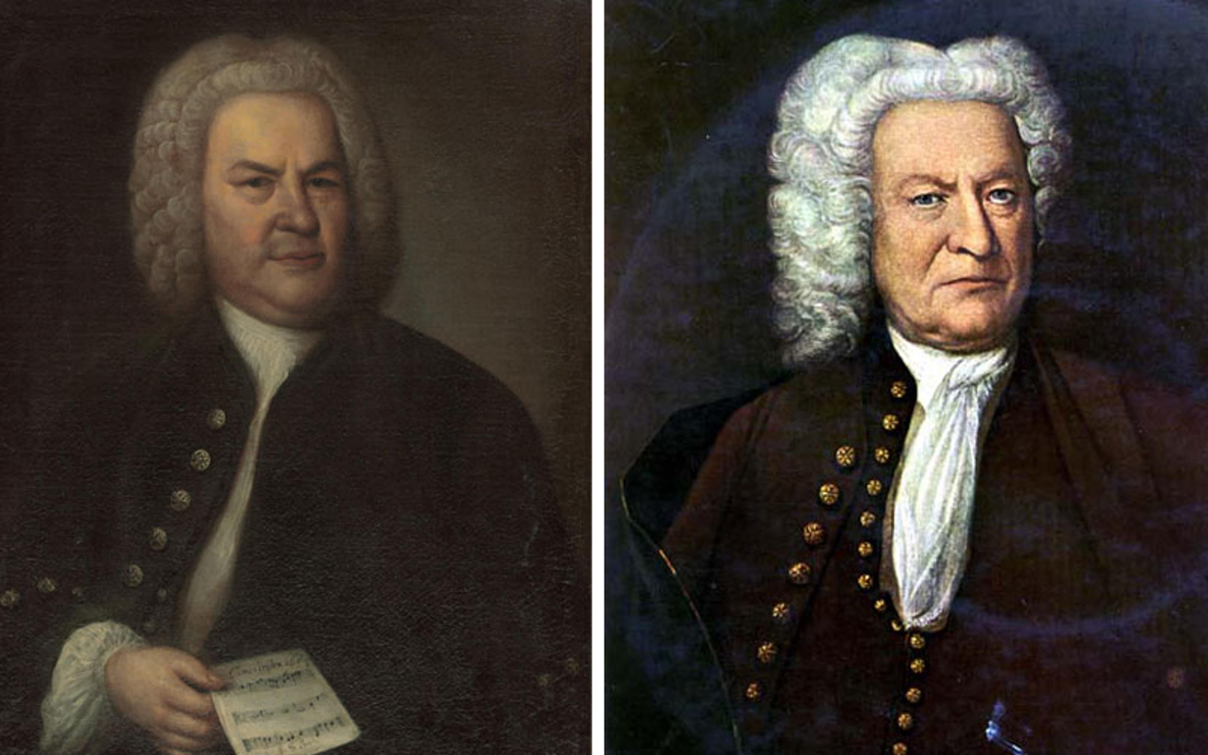 Two side-by-side portraits of a man with a white wig in 18th-century clothing. The left painting shows him holding sheets of music.