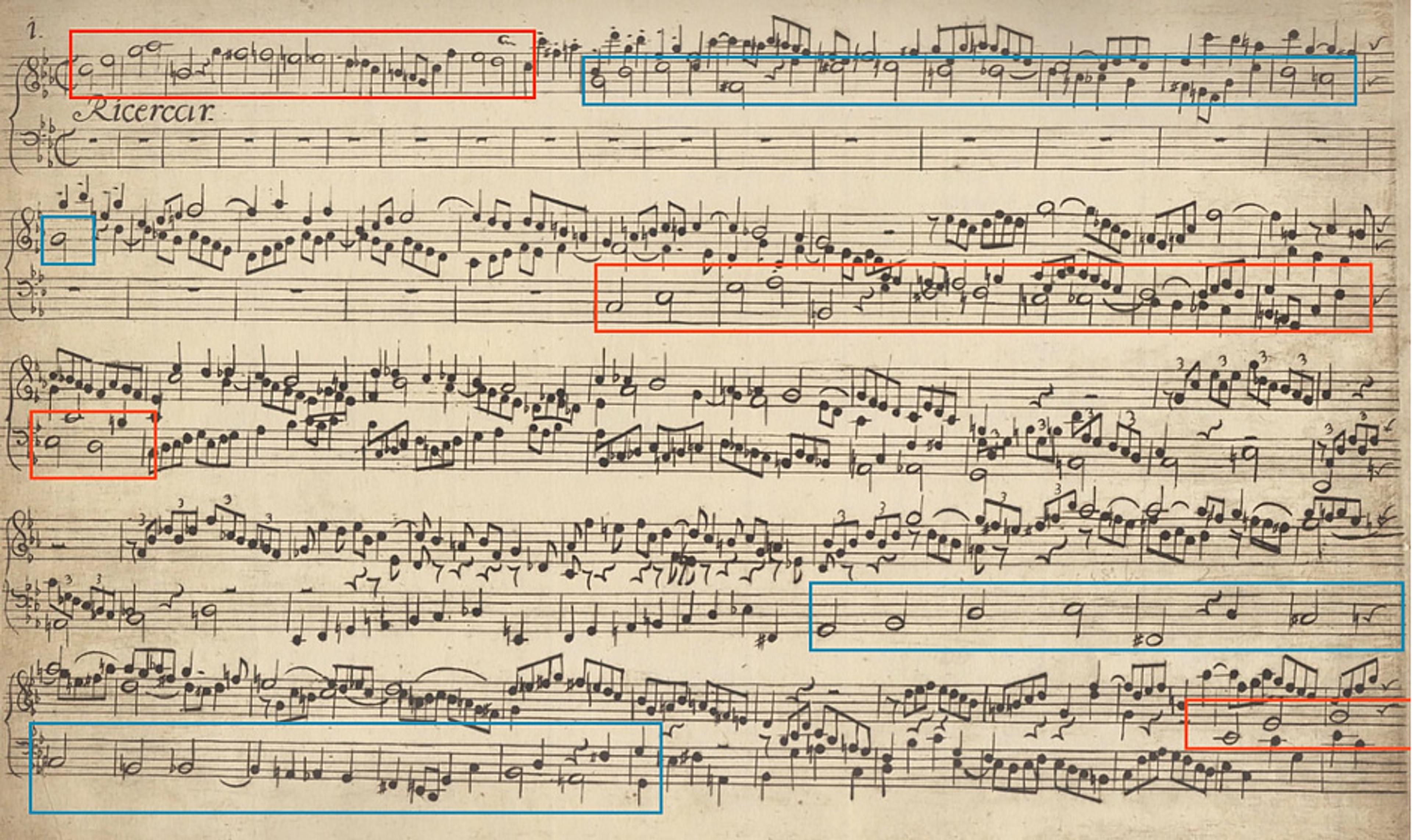 A photo of an old sheet of handwritten musical notation titled “Ricercar” with various sections outlined in red and blue boxes.