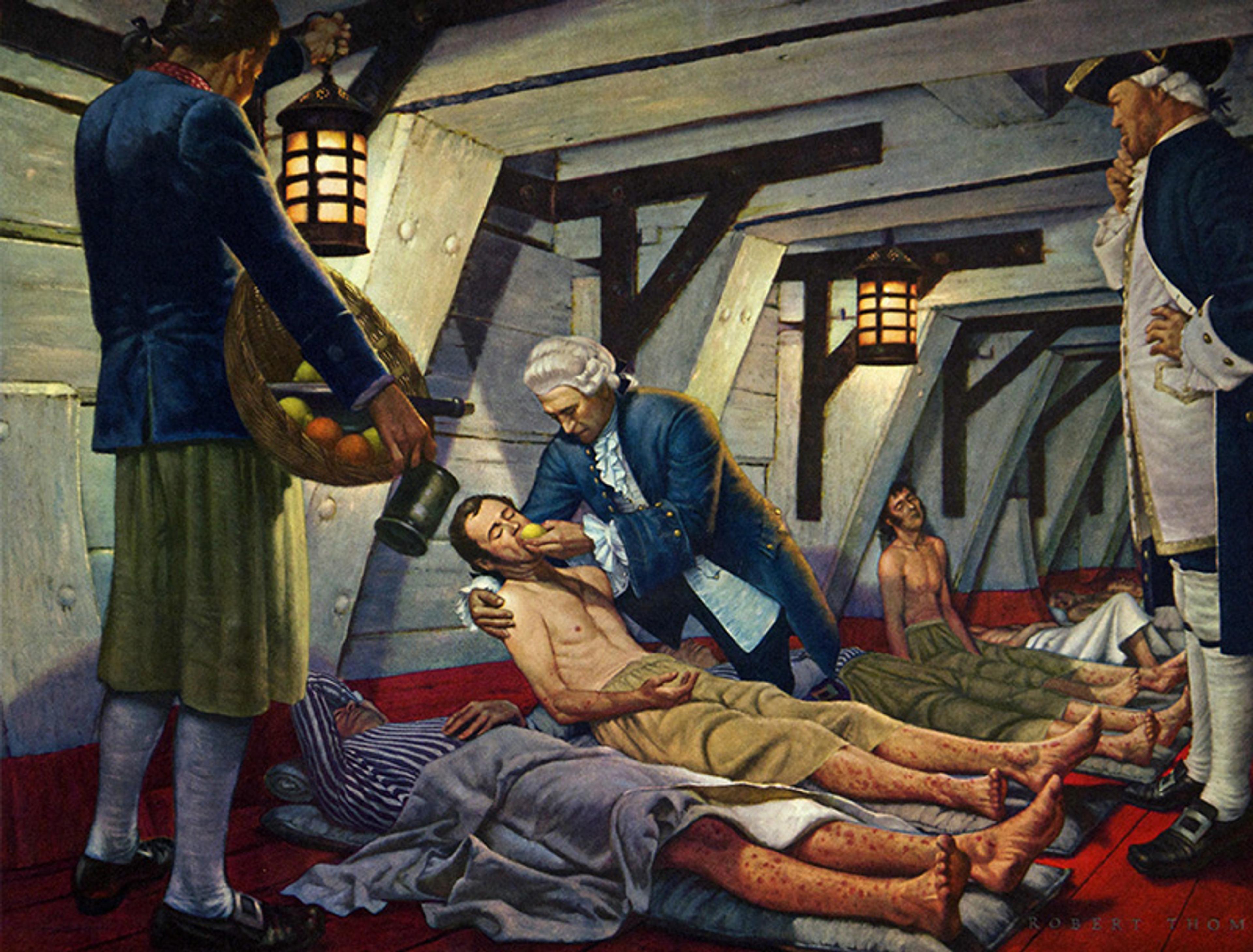 Painting of a ship’s doctor tending to a sick patient while other patients lie nearby. An assistant holds a lamp and a basket of fruit.