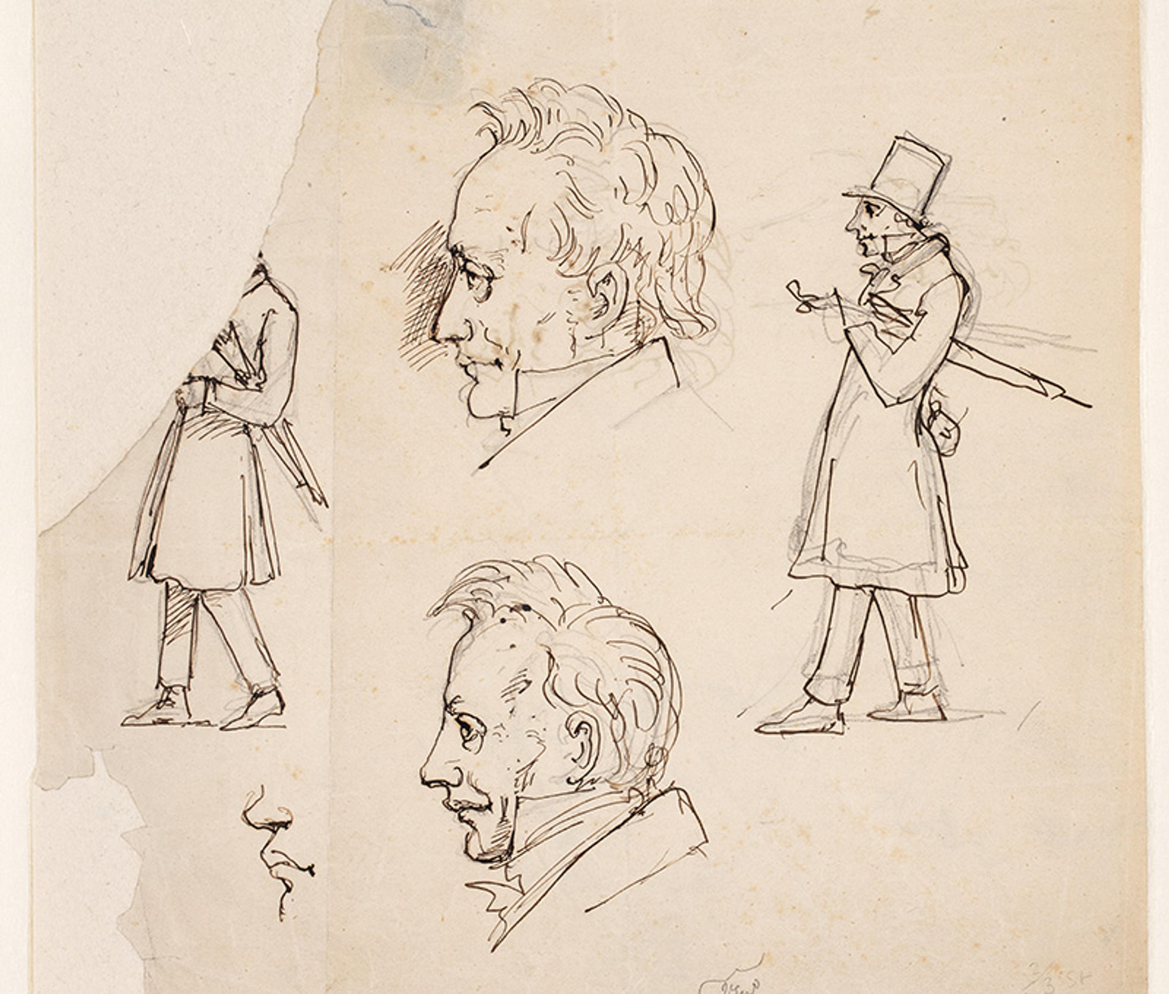 Ink sketches of a man in profile and full figure, some wearing hats and long coats, on aged paper with a torn upper left corner.