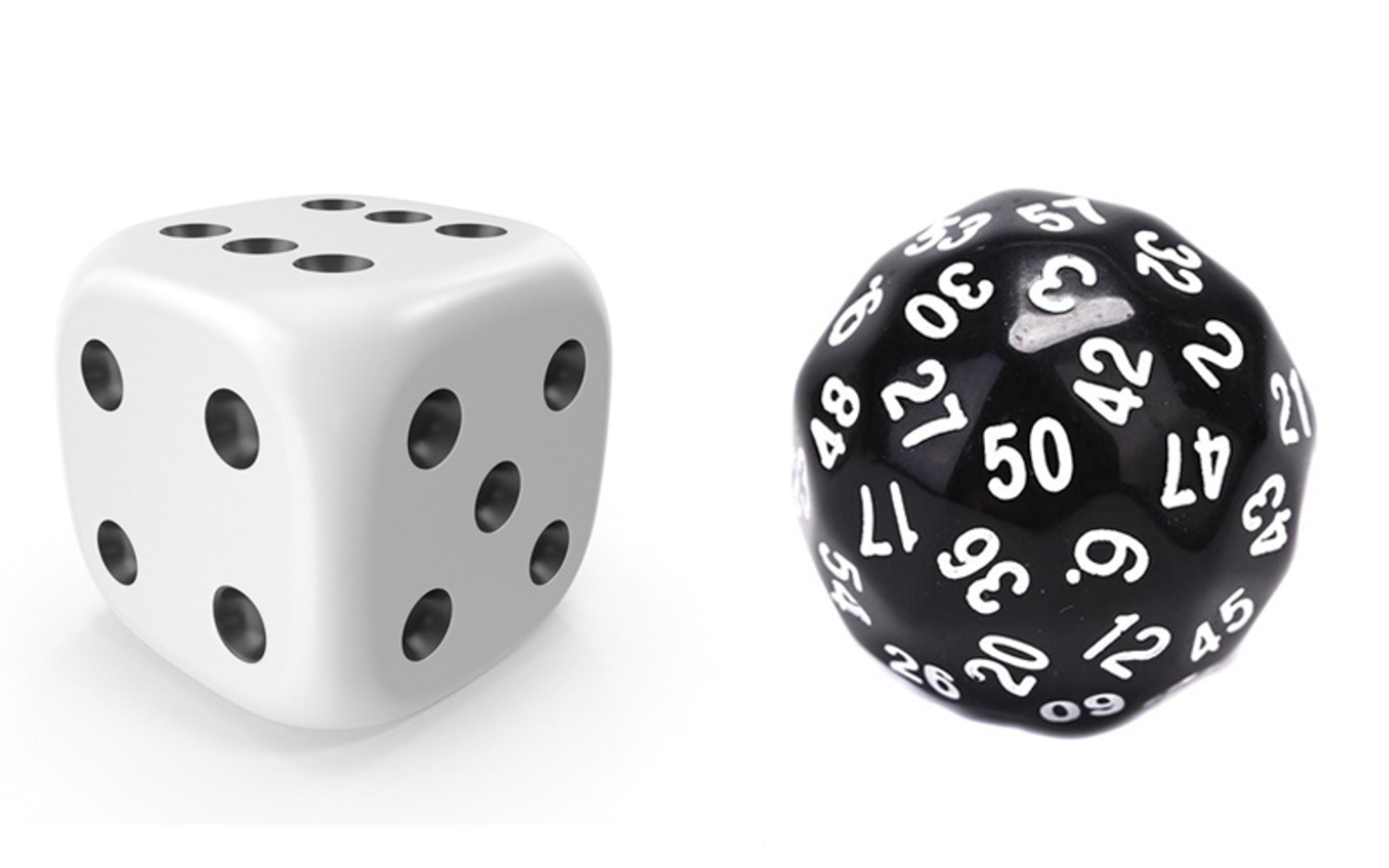 A white six-sided dice with black dots next to a black 50-sided dice with white numbers on a white background.