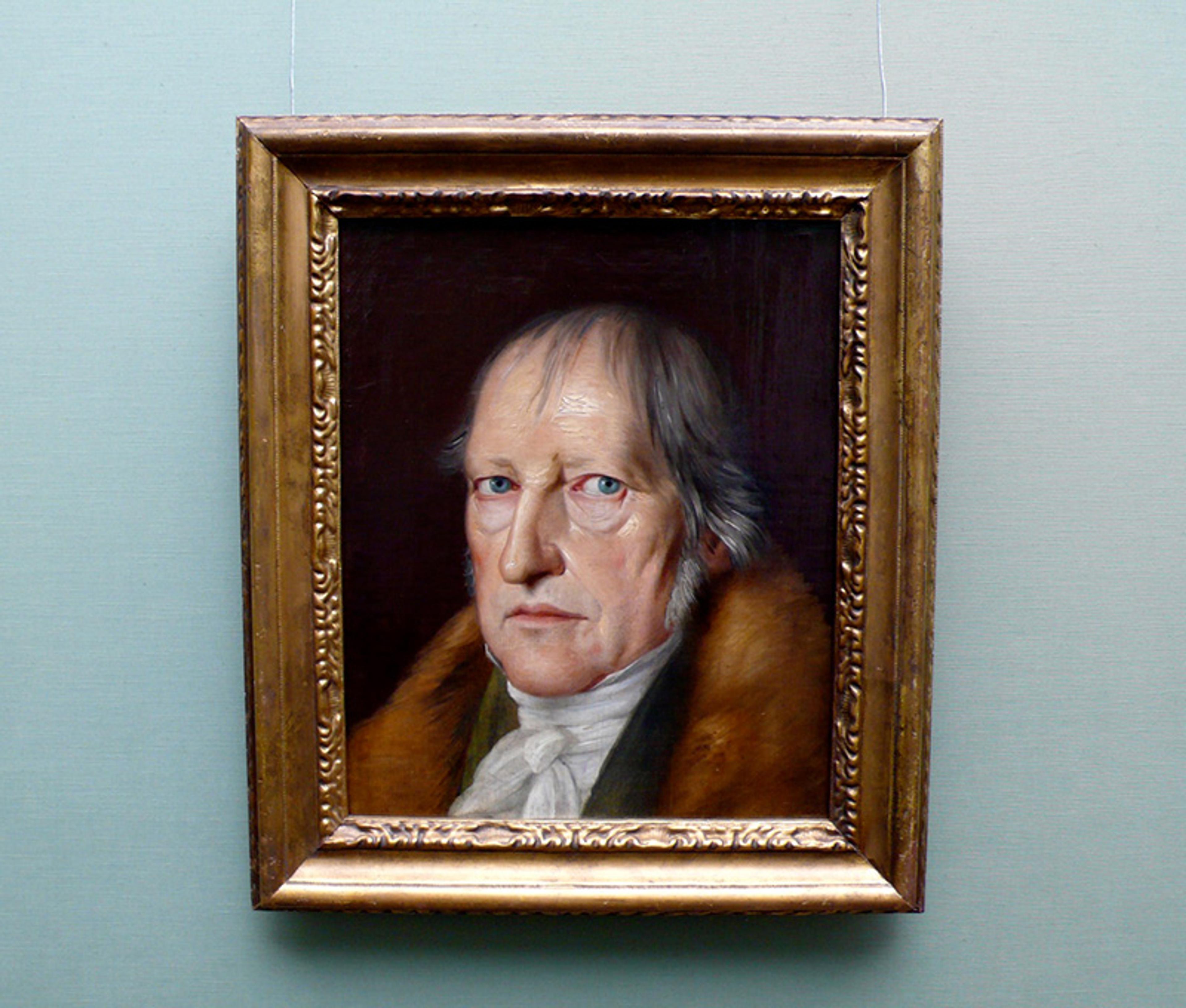 Framed painting of a stern-looking man with grey hair wearing a fur-collared coat and white cravat on a light green wall.