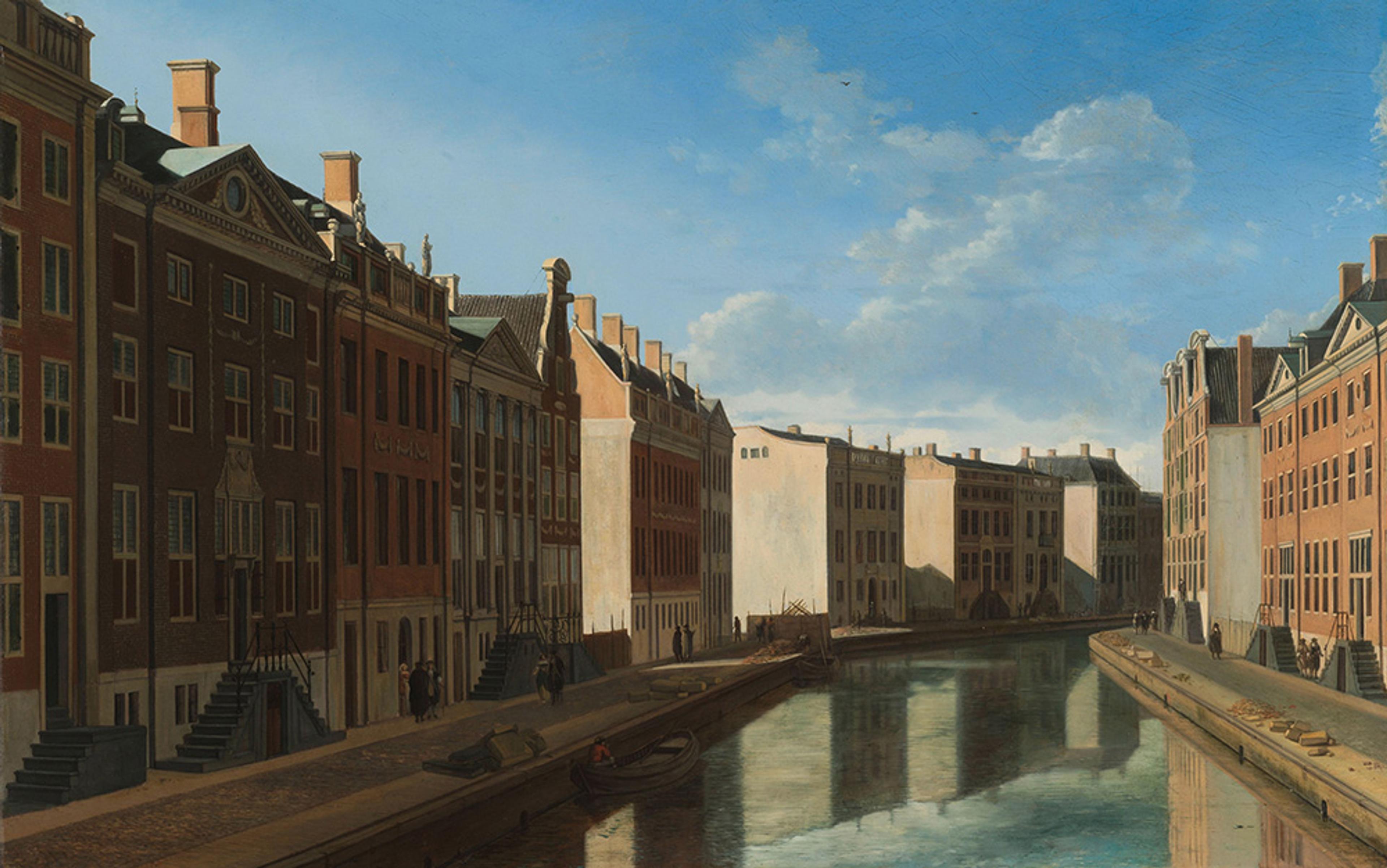 A painting of a canal lined with buildings in a city under a clear blue sky with people walking and boats docked along the water.