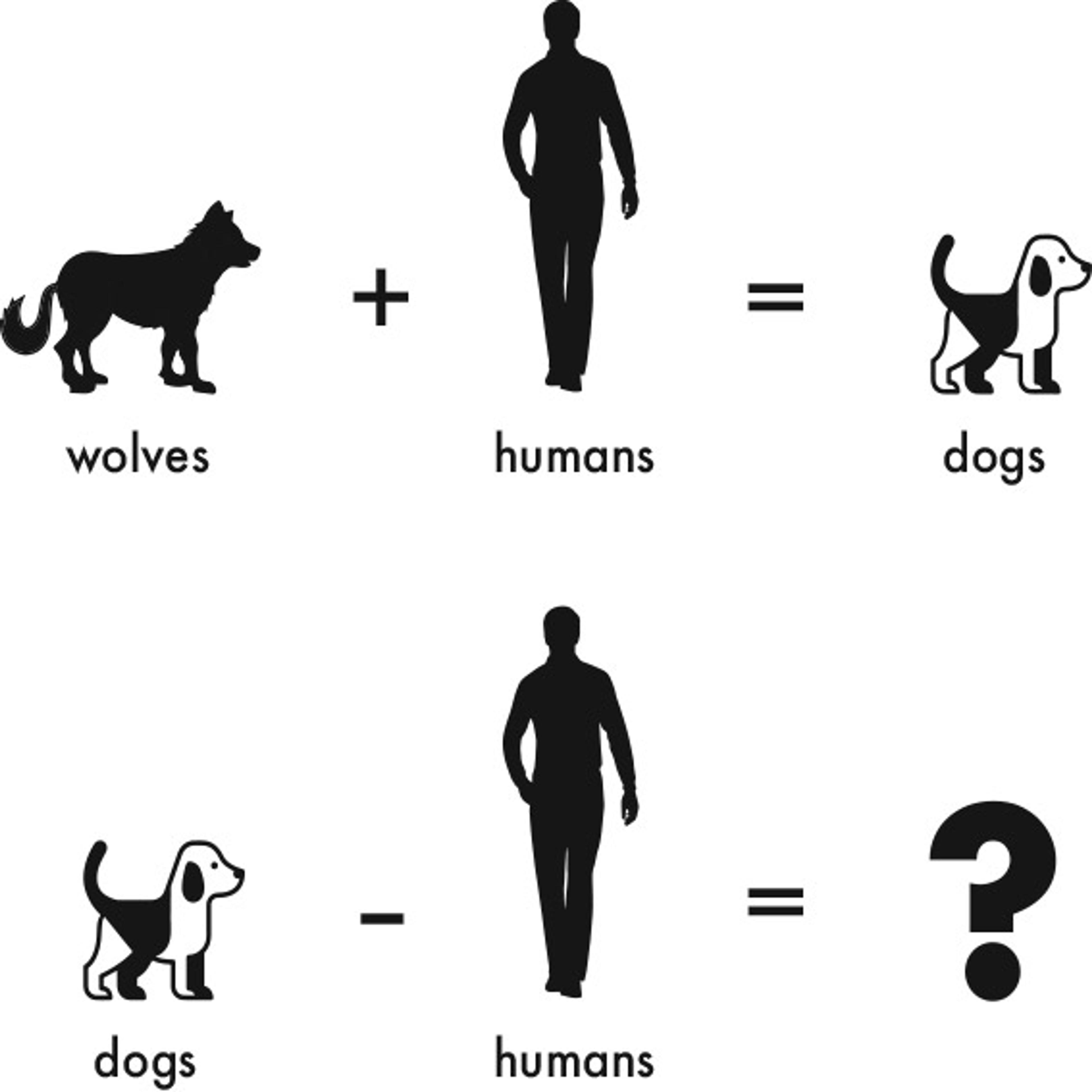 Illustration showing the evolution from wolves to dogs through human interaction, then questioning what dogs minus humans result in.