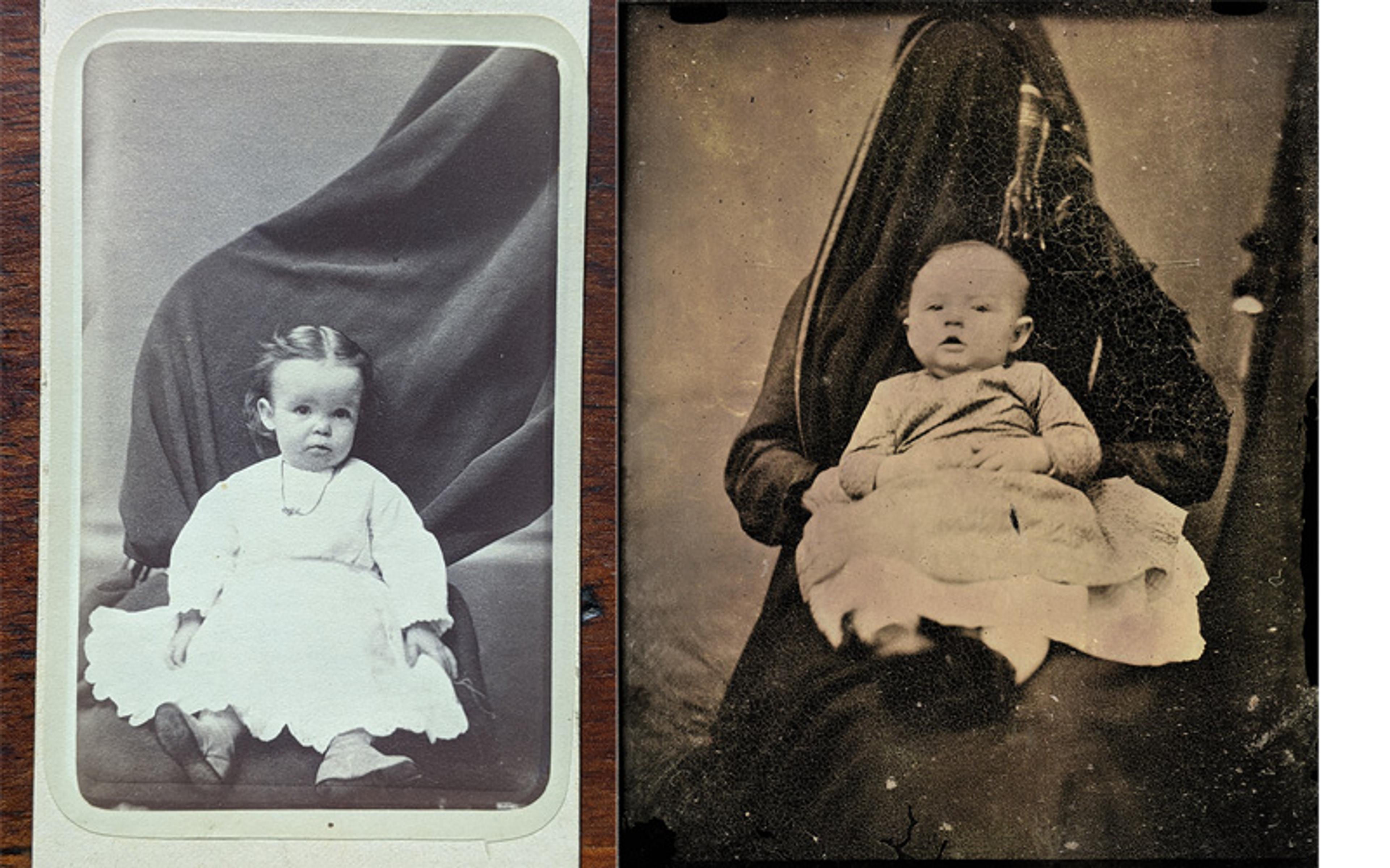 Two sepia-toned vintage photos of babies in dresses, one on a wooden surface, the other held by a veiled person, with a blurred background.