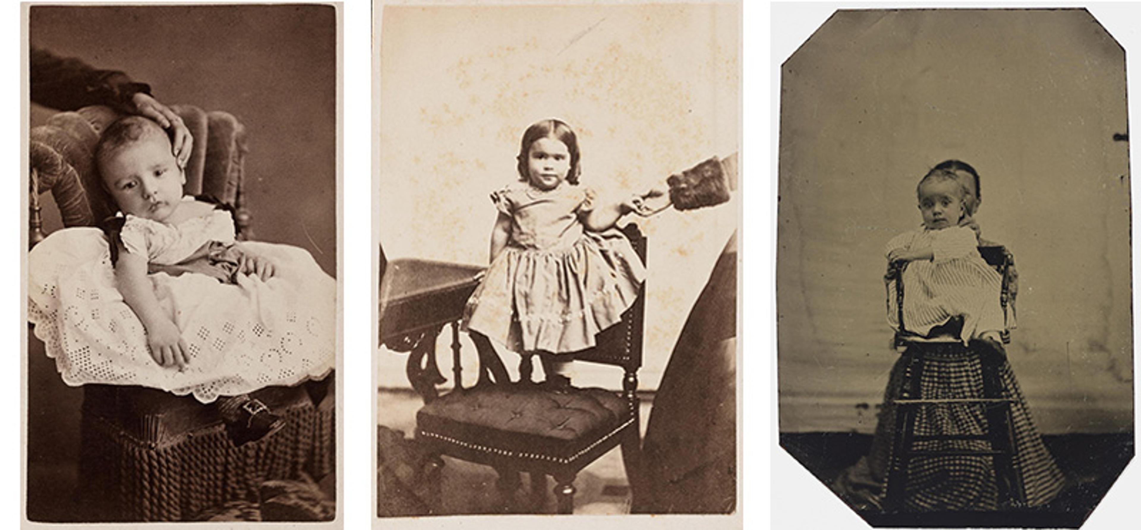 Three vintage sepia-toned photos of young children in early 1900s attire, each seated on a chair in a studio setting.
