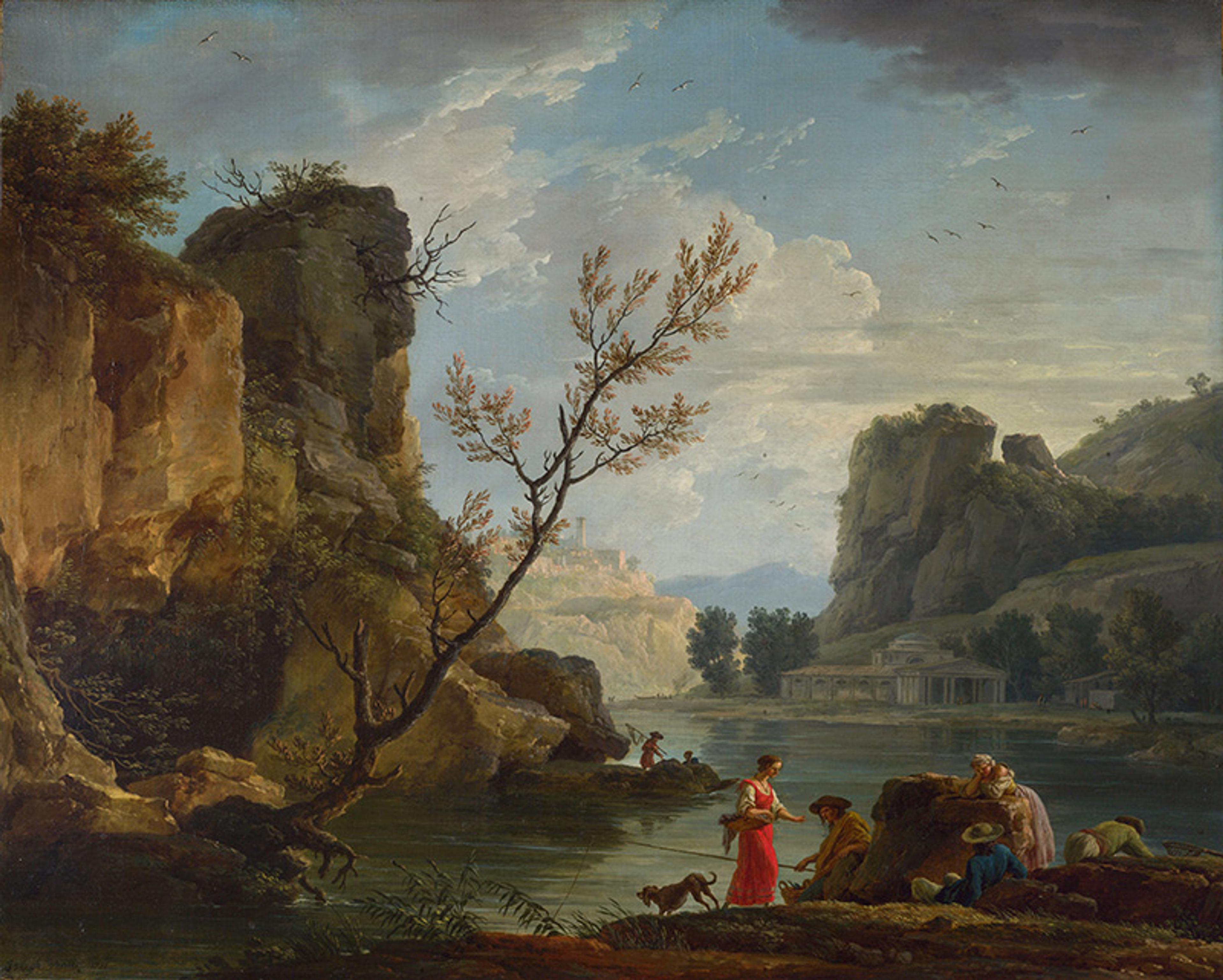 A painting depicting a serene landscape with rocky cliffs, a river, a tree, and people engaging in activities by the water.