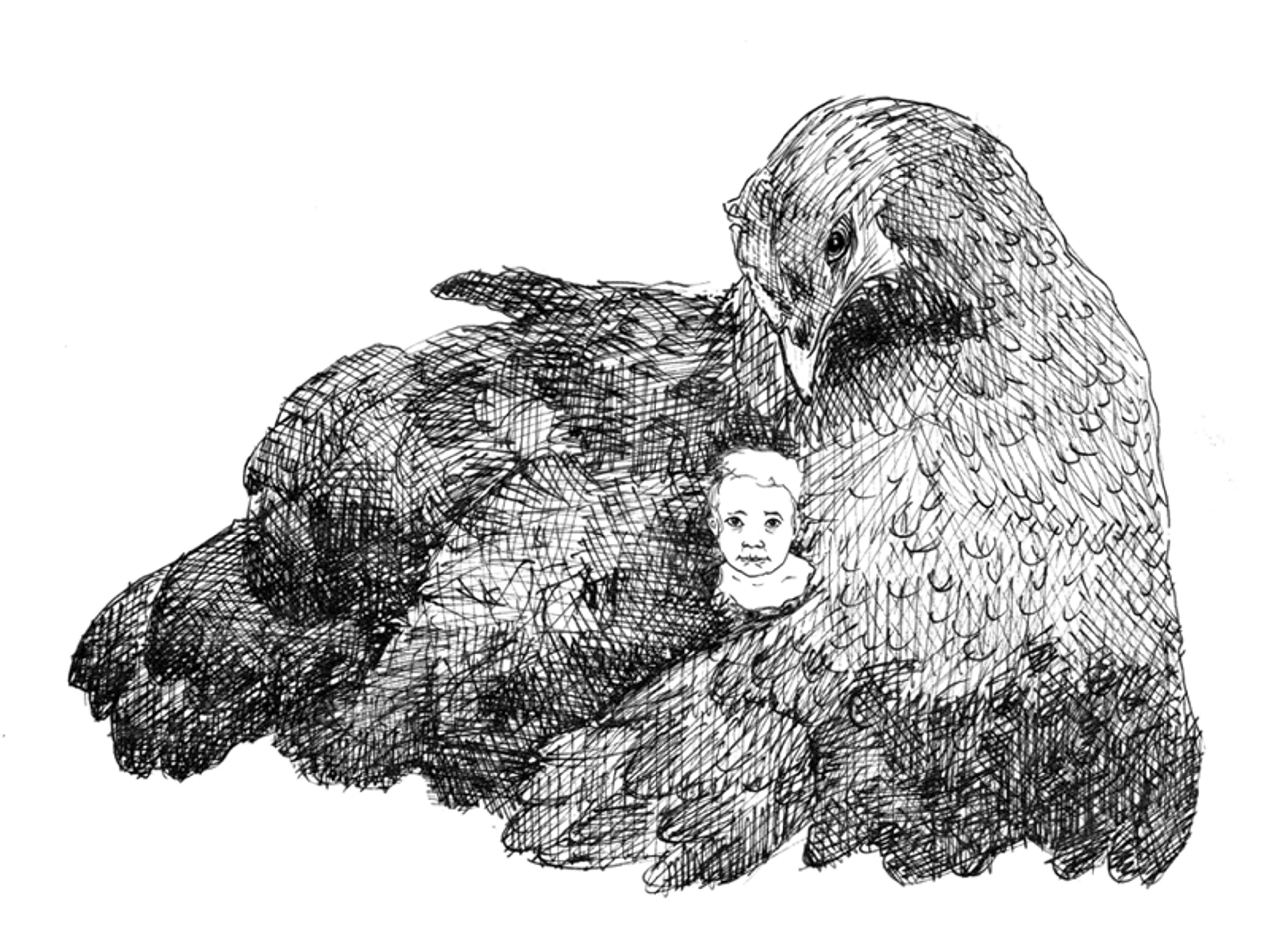 Ink drawing of a large hen with a stern expression sheltering a small child under its wing against a white background.