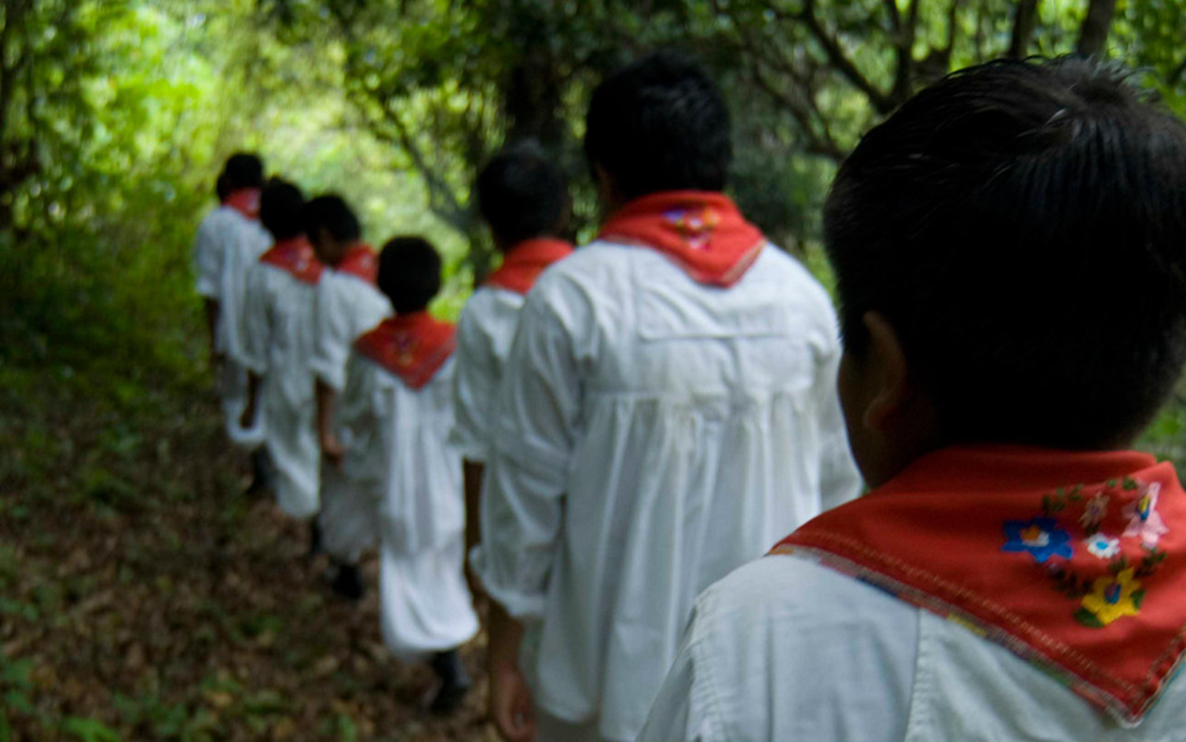 Children wearing white outfits with red scarves walking in a single file through a lush green forest path.