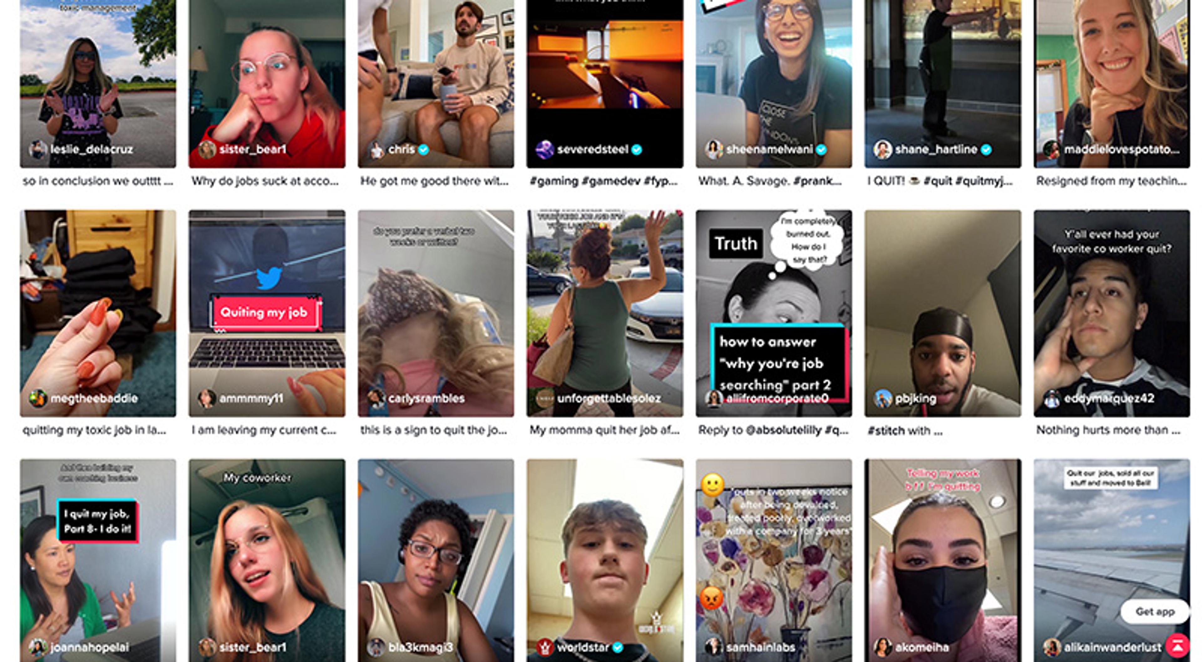 Screenshot of a collage of TikTok videos featuring various people discussing quitting their jobs with texts describing their experiences.