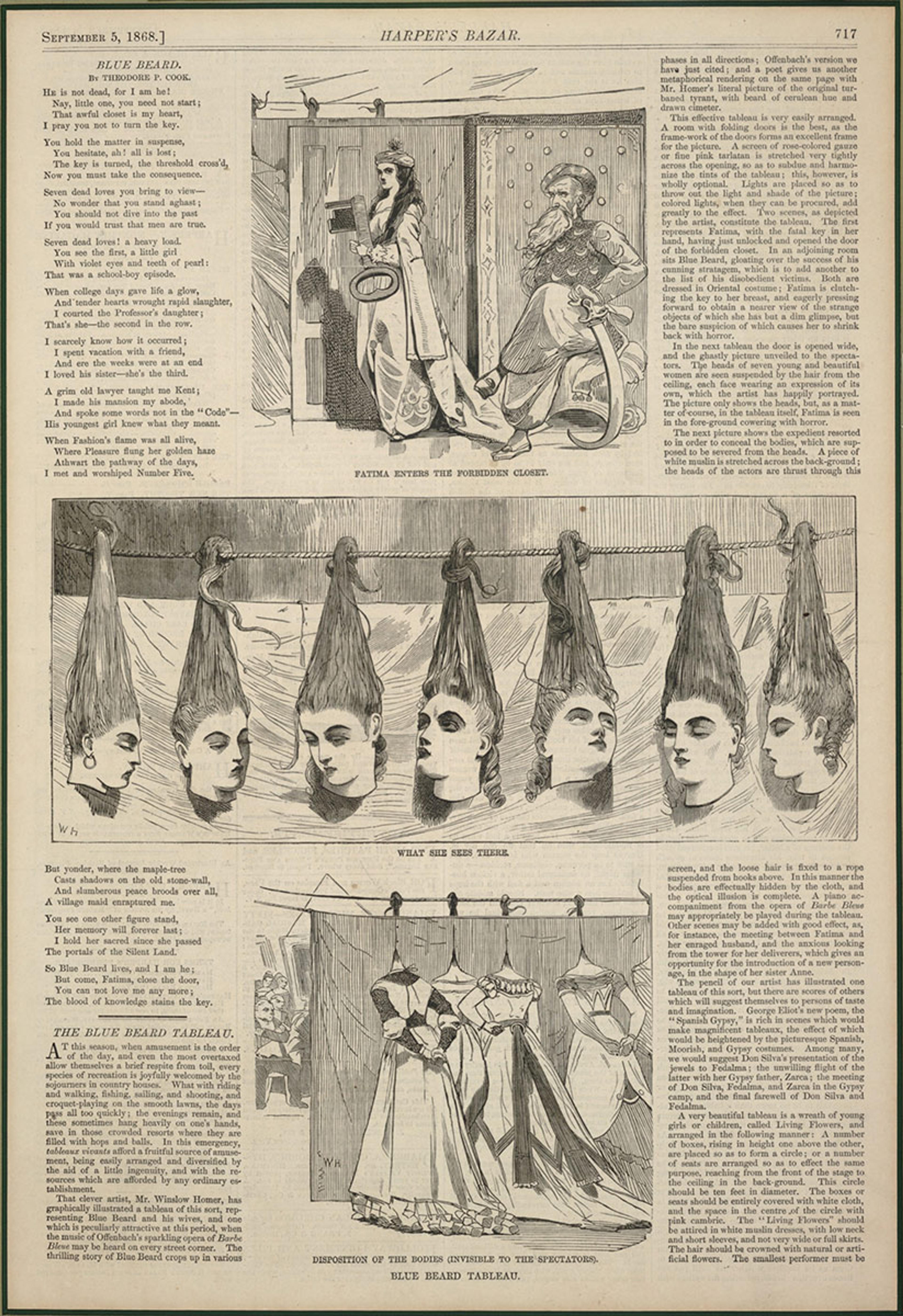 Illustrations and text from an 1868 Harper’s Bazaar article, depicting scenes from the Blue Beard tale, including severed heads and costumes.