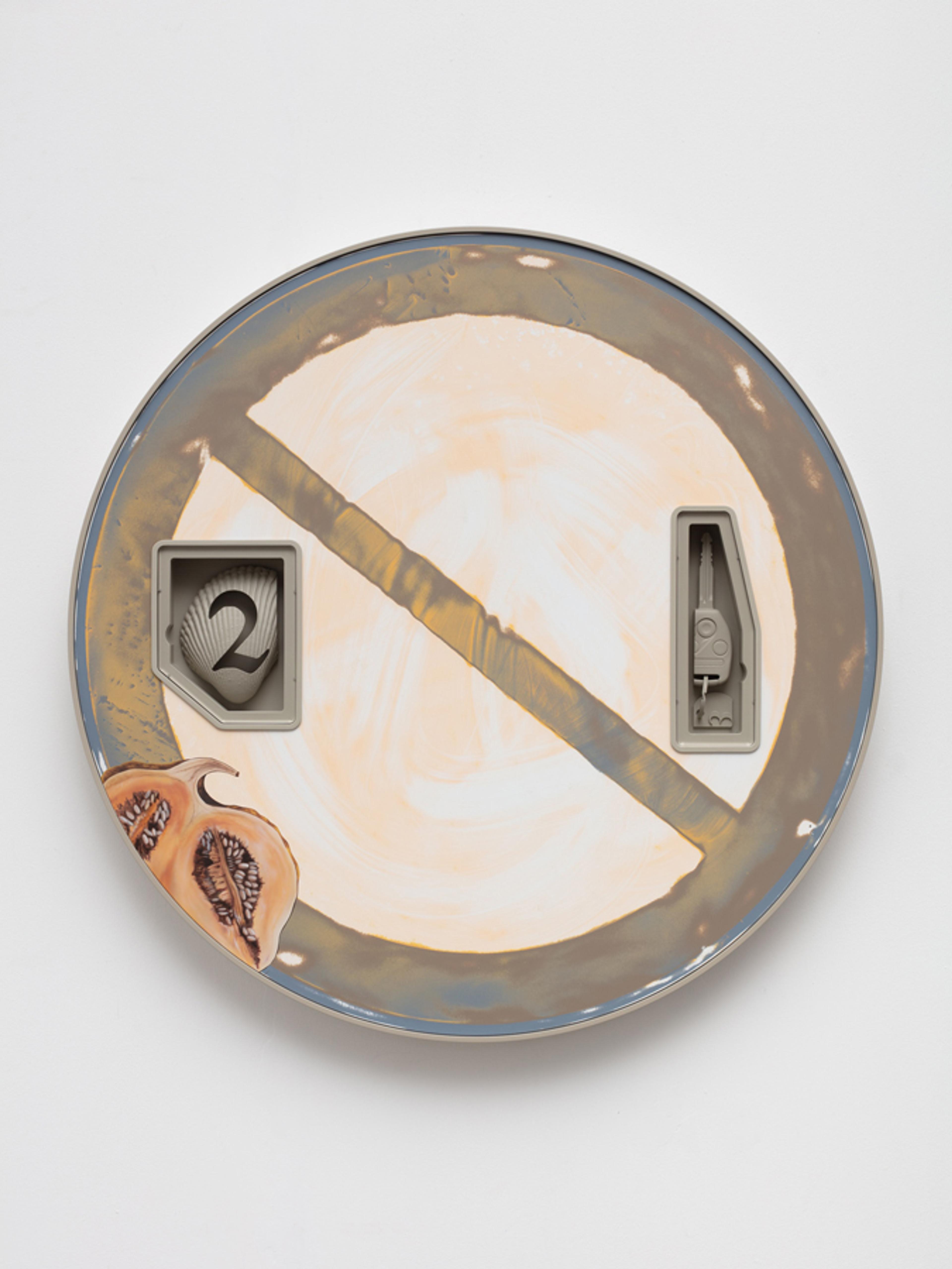 Painting of a round plate with a diagonal stripe, number two, a tool, and a sliced fruit in the foreground on a white background.