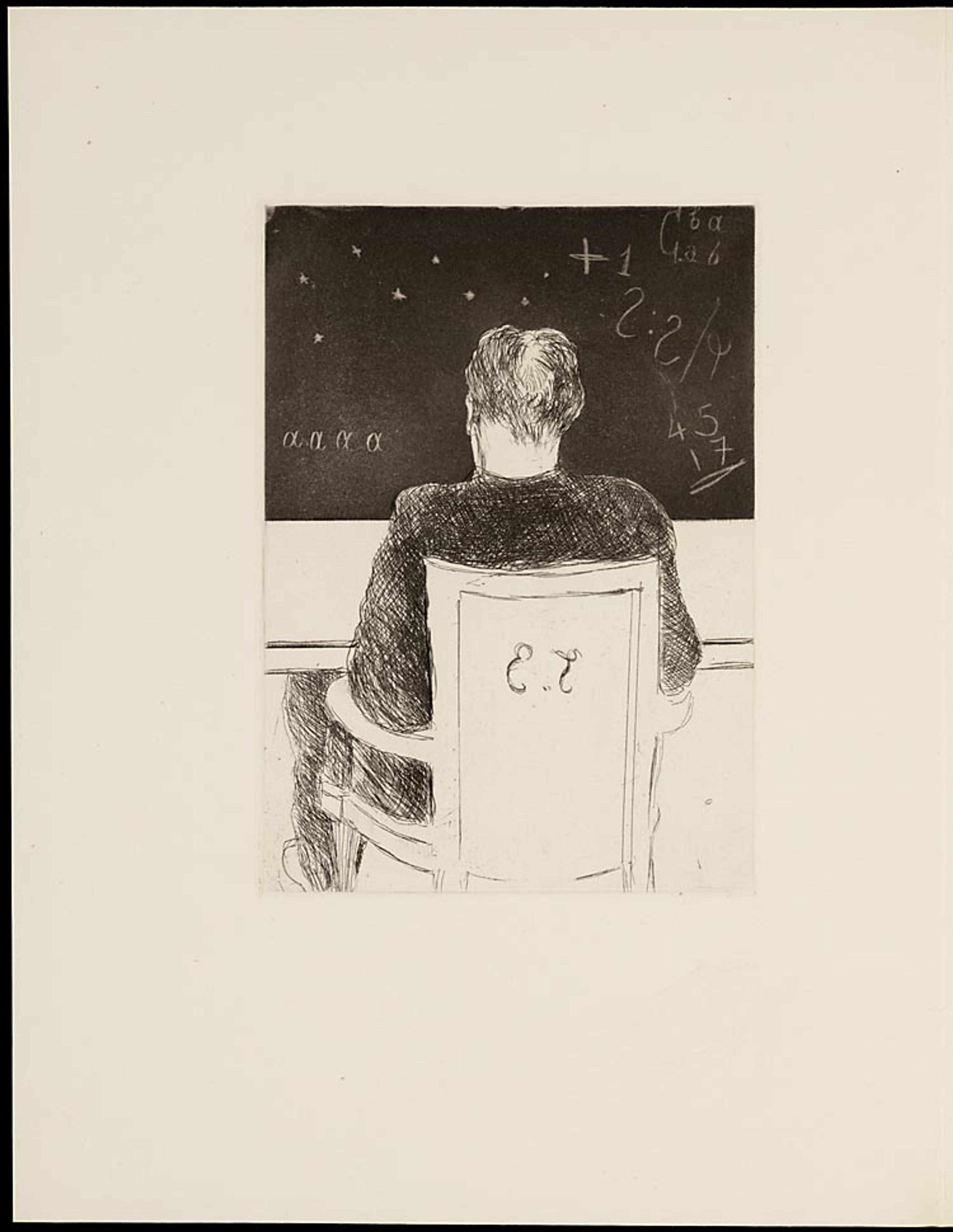 An etching of a man sitting at a desk facing a chalkboard with mathematical notations and Greek letters in a framed border.