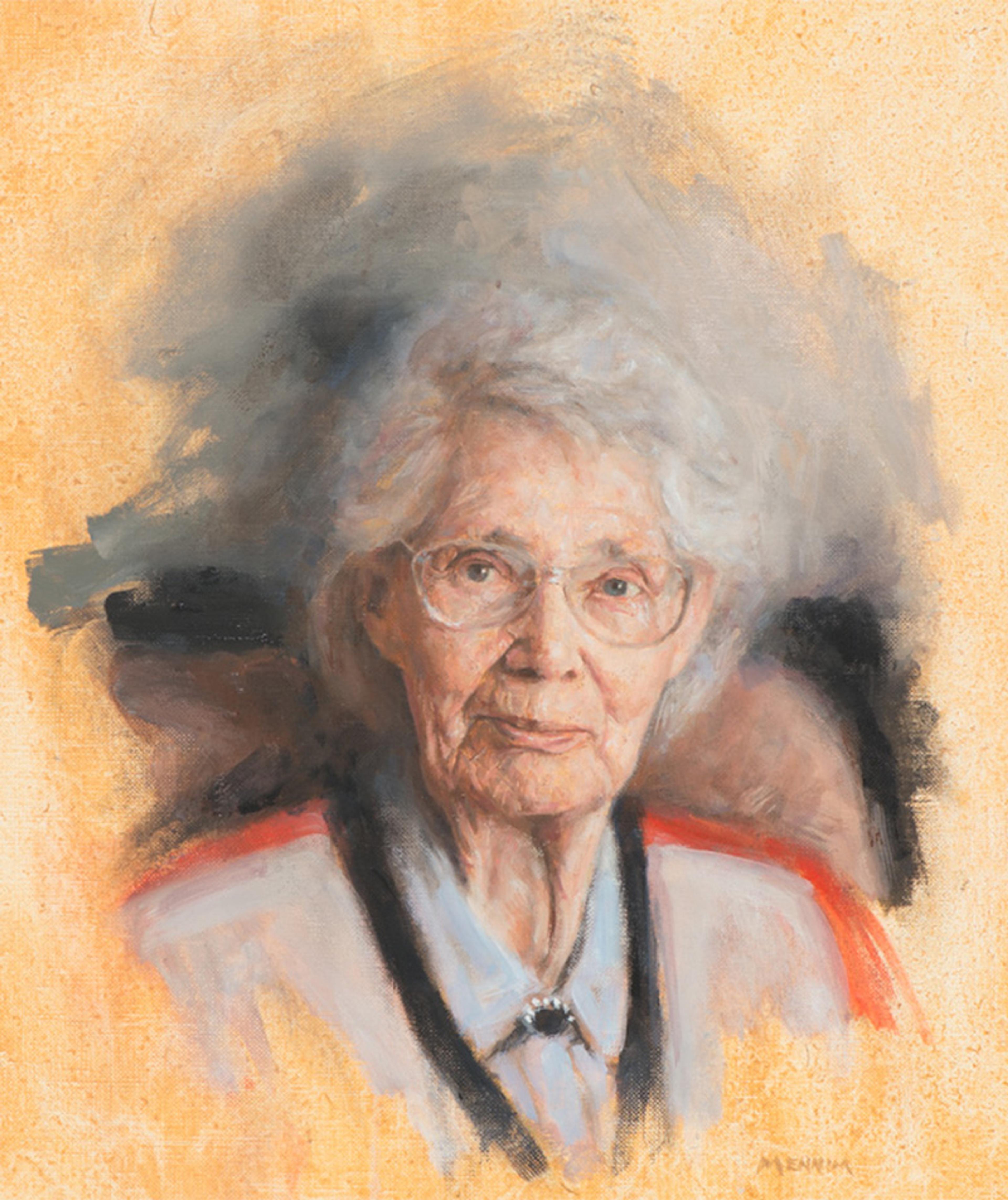 Painting of an elderly woman with white hair, wearing glasses and a light-coloured blouse on a textured beige background.